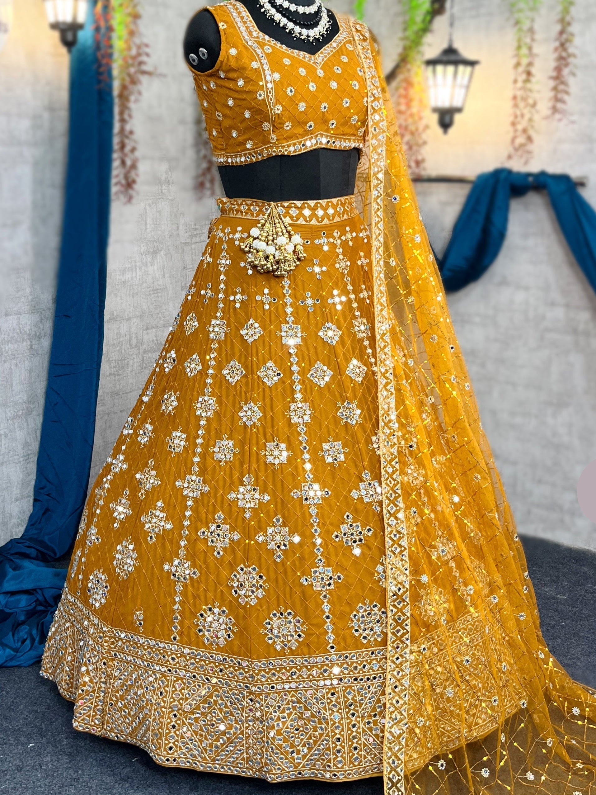 Yellow colour mirror Work with Can-Can and designer blouse Festive look lehenga