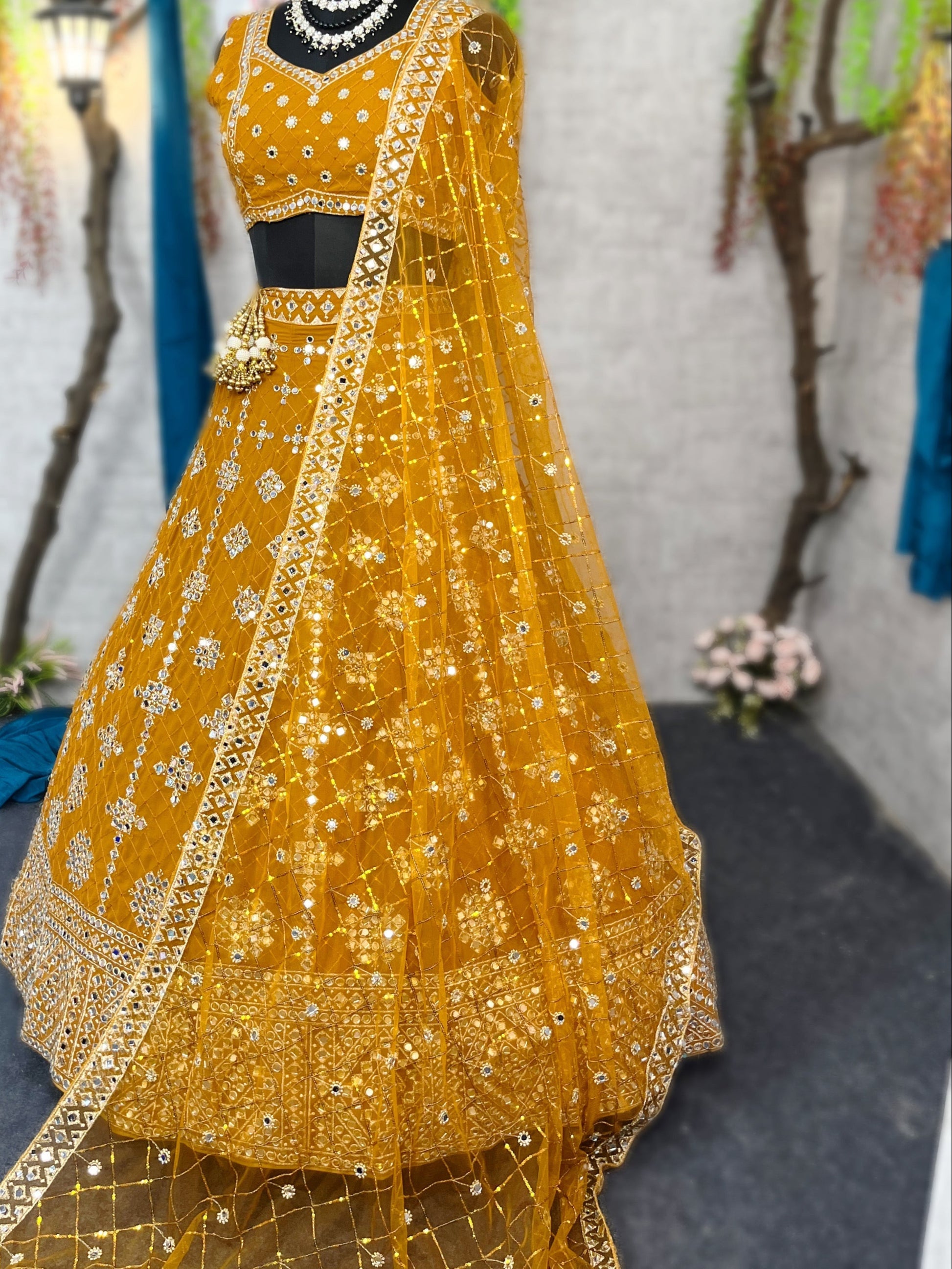 Yellow colour mirror Work with Can-Can and designer blouse Festive look lehenga