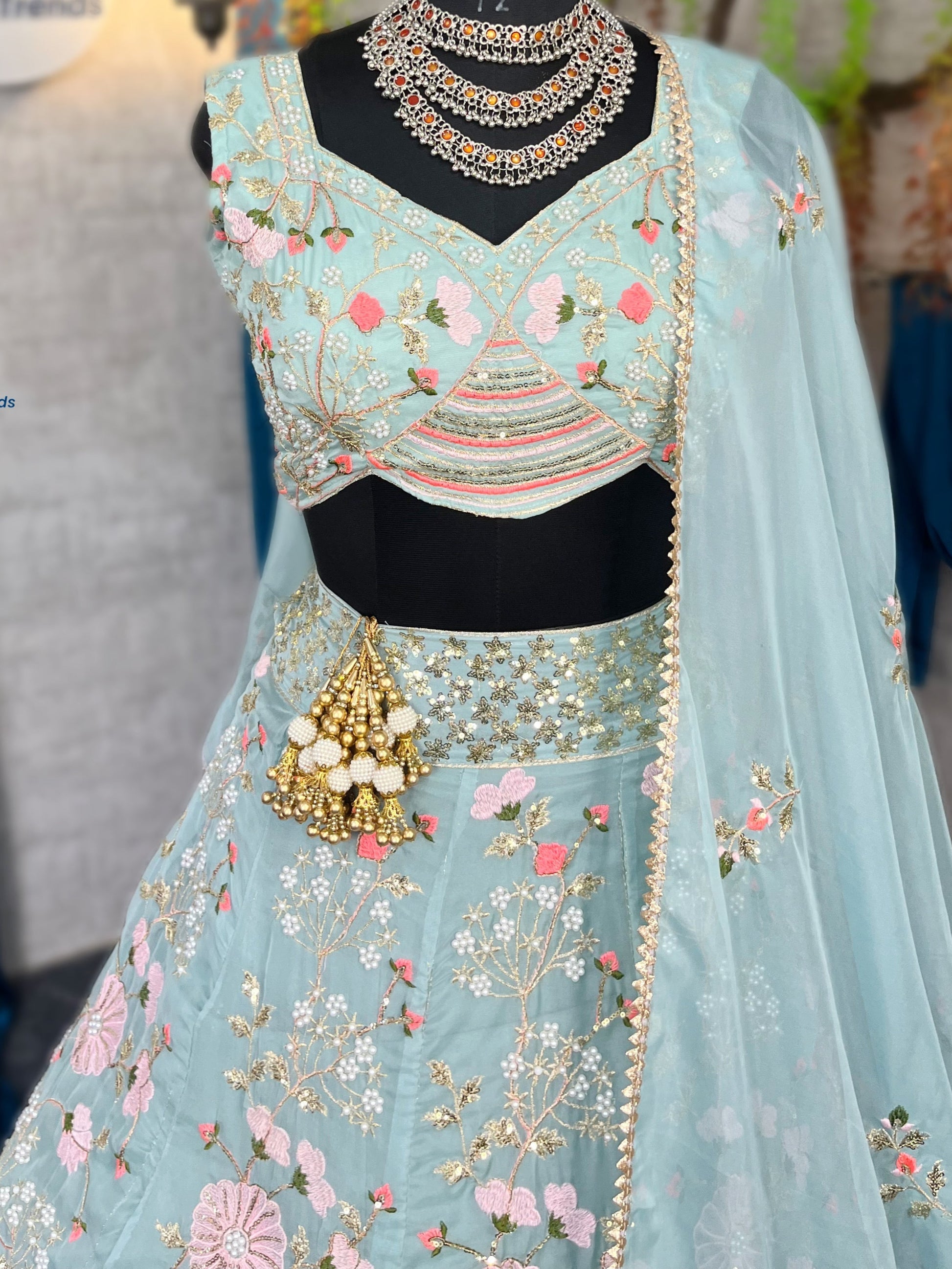 Elegant Tabby Silk Lehenga with Pearl Sequins Embroidery & Matching Dupatta