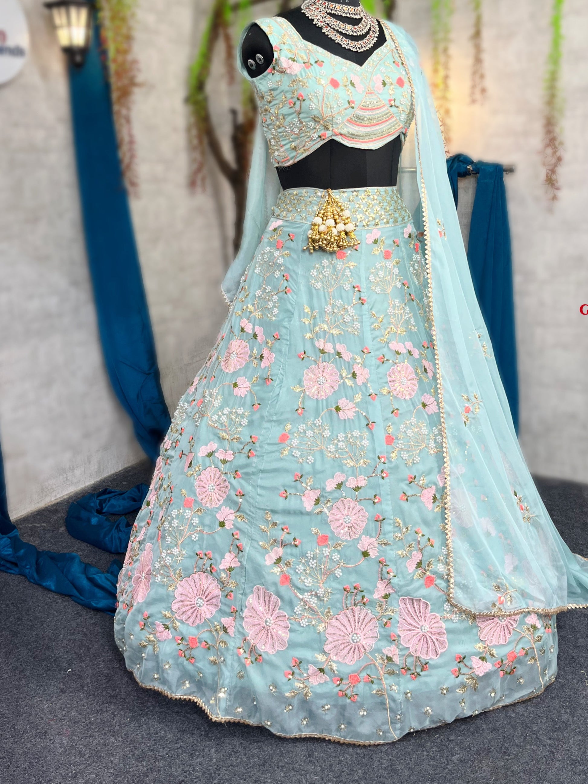 Elegant Tabby Silk Lehenga with Pearl Sequins Embroidery & Matching Dupatta