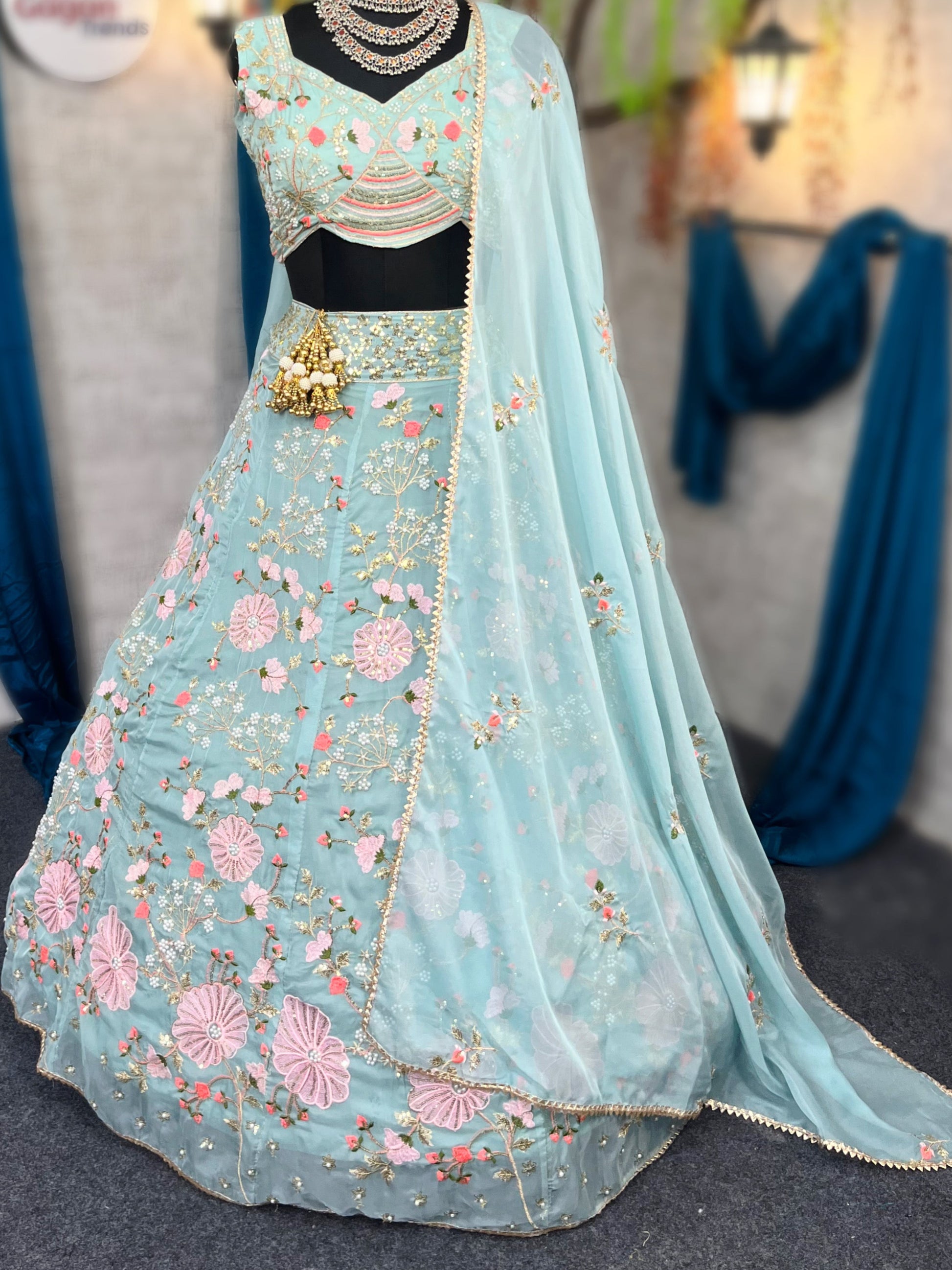 Elegant Tabby Silk Lehenga with Pearl Sequins Embroidery & Matching Dupatta