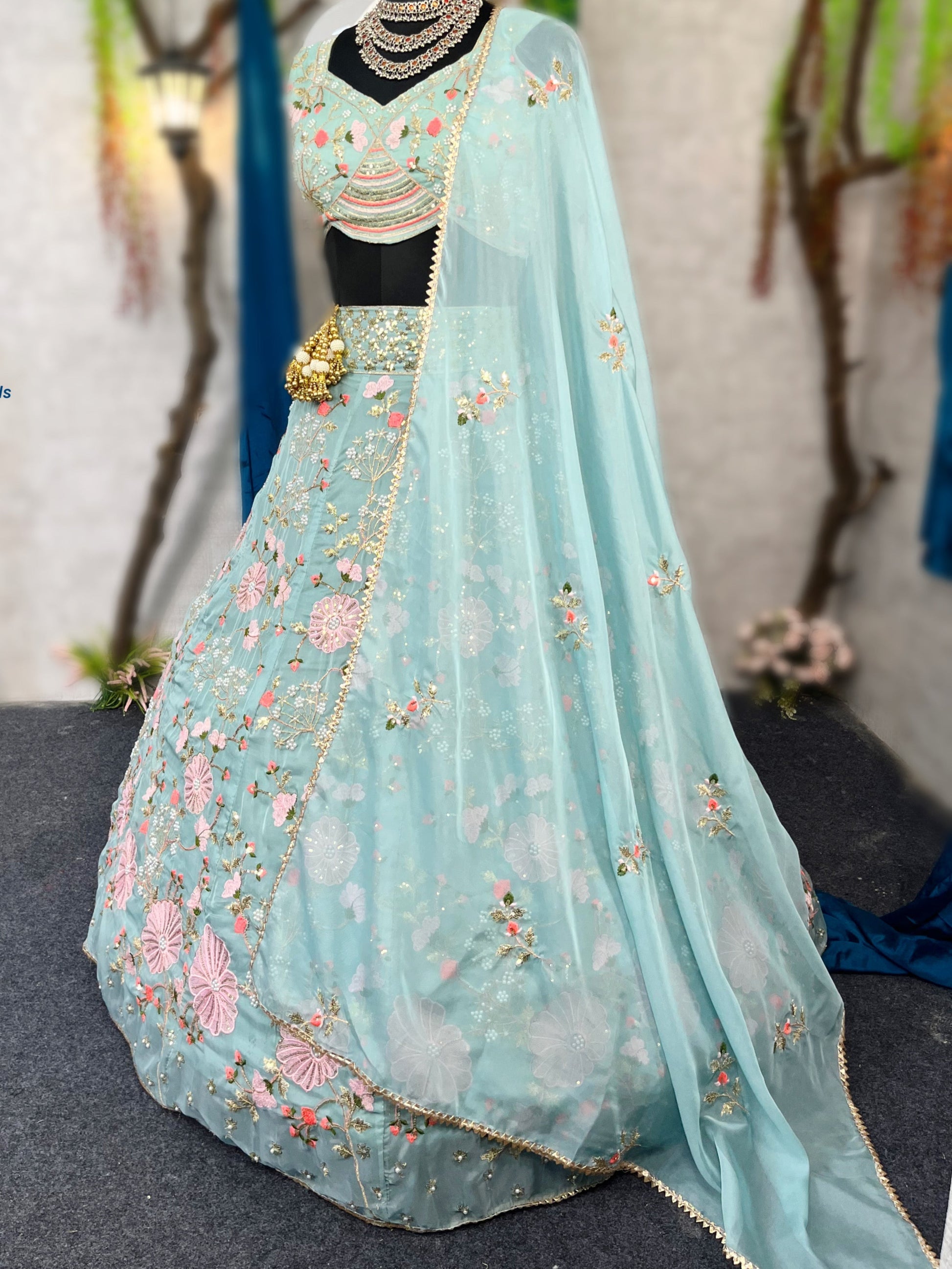 Elegant Tabby Silk Lehenga with Pearl Sequins Embroidery & Matching Dupatta