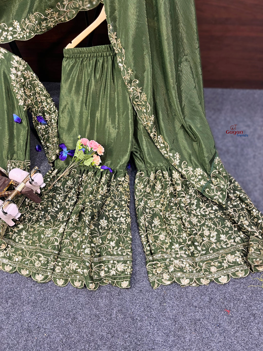 Elegant Chinon Silk Plazo Set with Embroidery Sequins Work