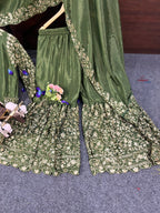 Embroidered Silk Suit Set with Dupatta and Mirror Work