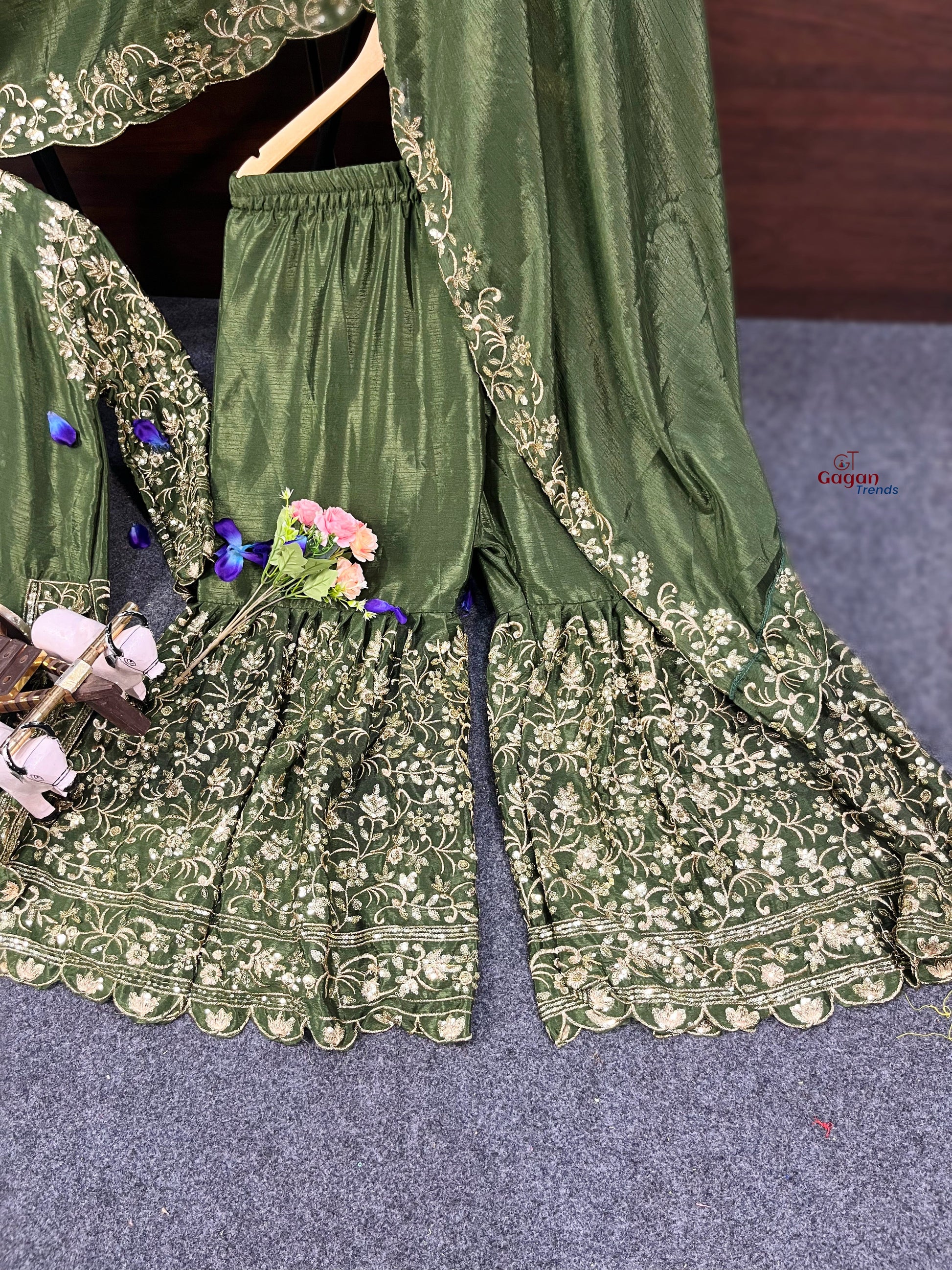 Elegant Chinon Silk Plazo Set with Embroidery Sequins Work