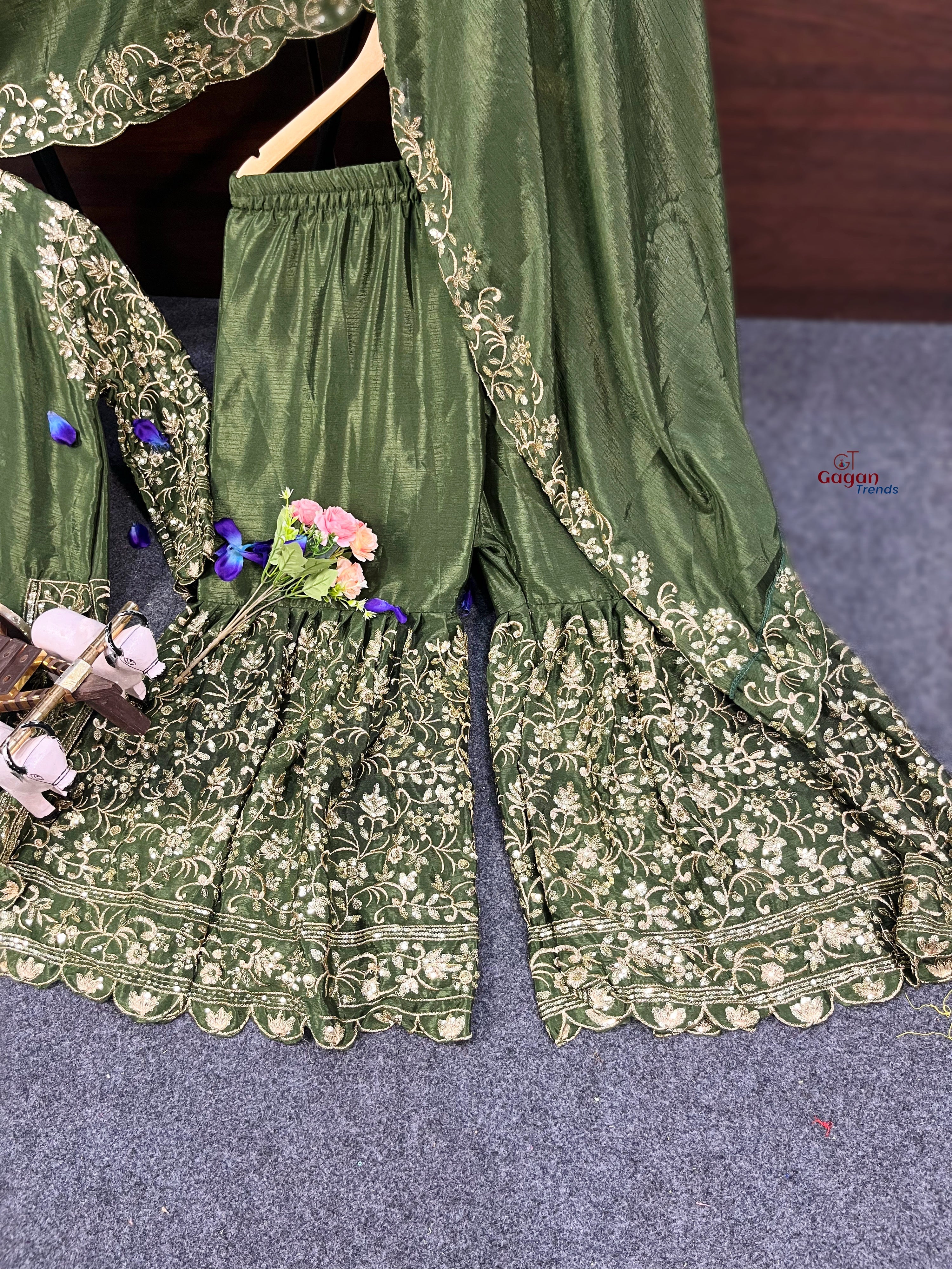 Embroidered Silk Suit Set with Dupatta and Mirror Work