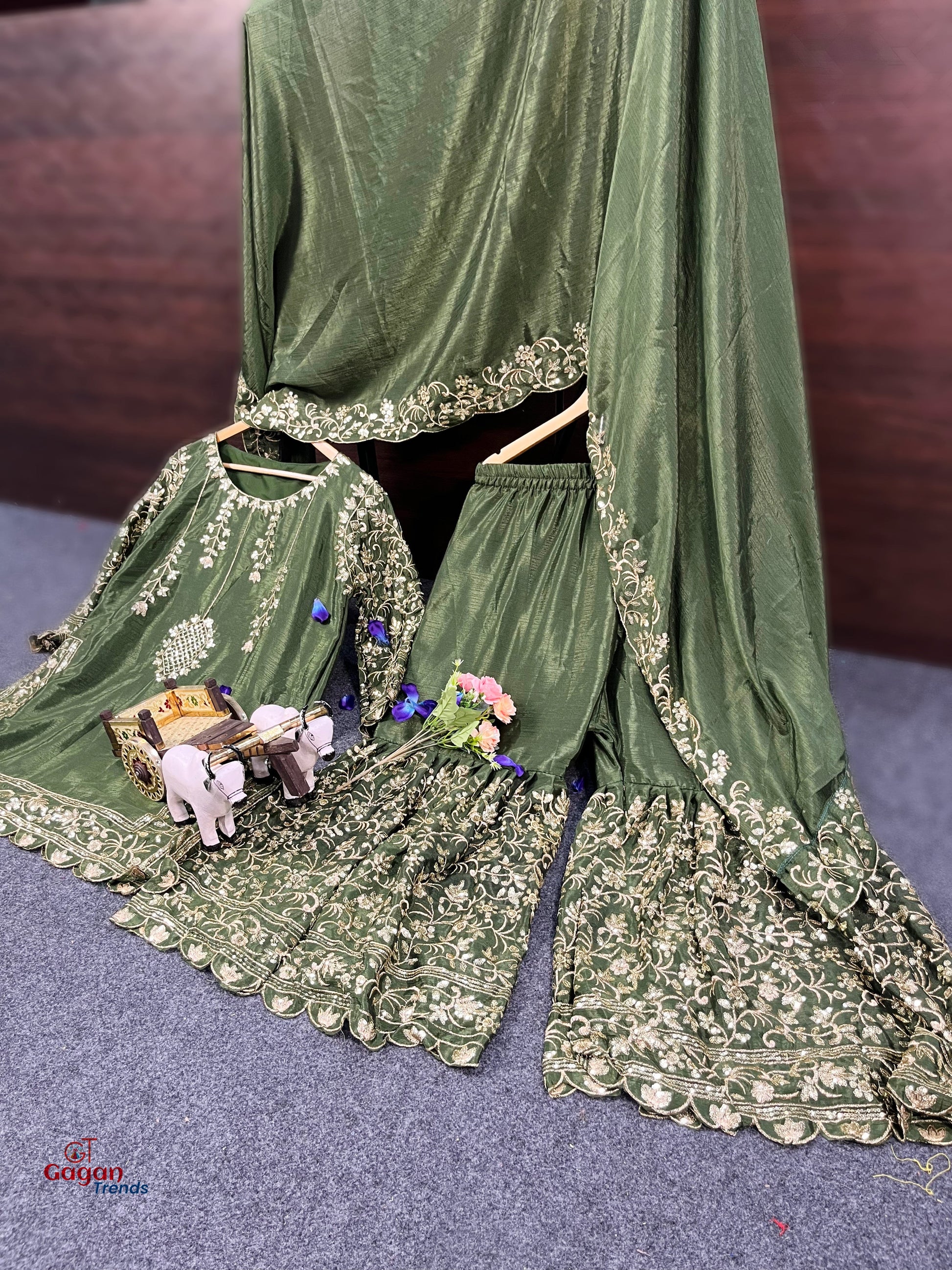 Elegant Chinon Silk Plazo Set with Embroidery Sequins Work