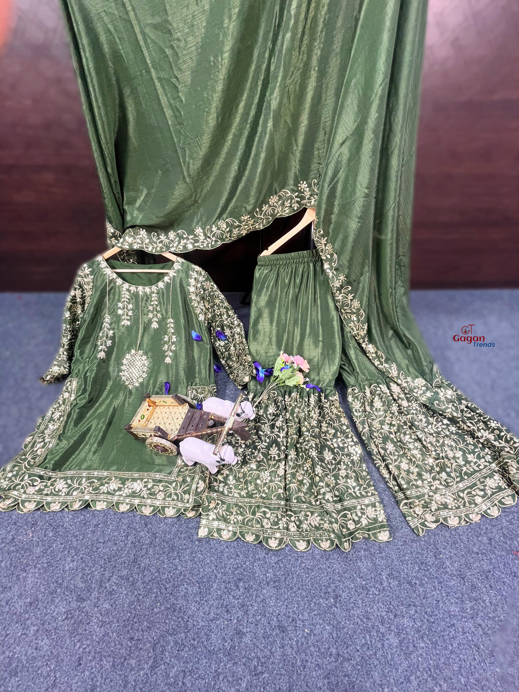 Elegant Chinon Silk Plazo Set with Embroidery Sequins Work