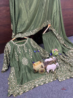 Embroidered Silk Suit Set with Dupatta and Mirror Work