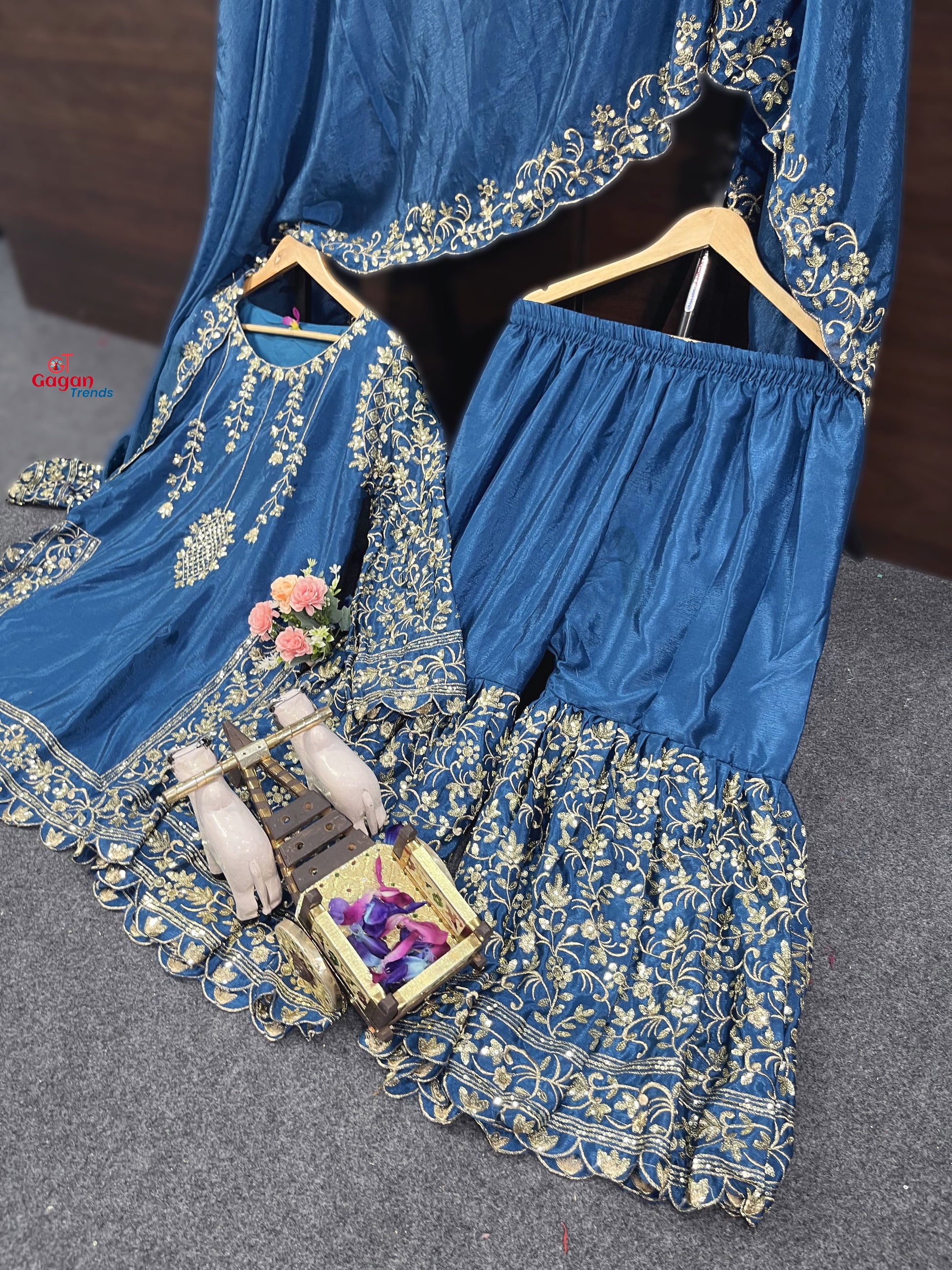 Elegant Chinon Silk Plazo Set with Embroidery Sequins Work