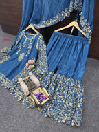 Embroidered Silk Suit Set with Dupatta and Mirror Work
