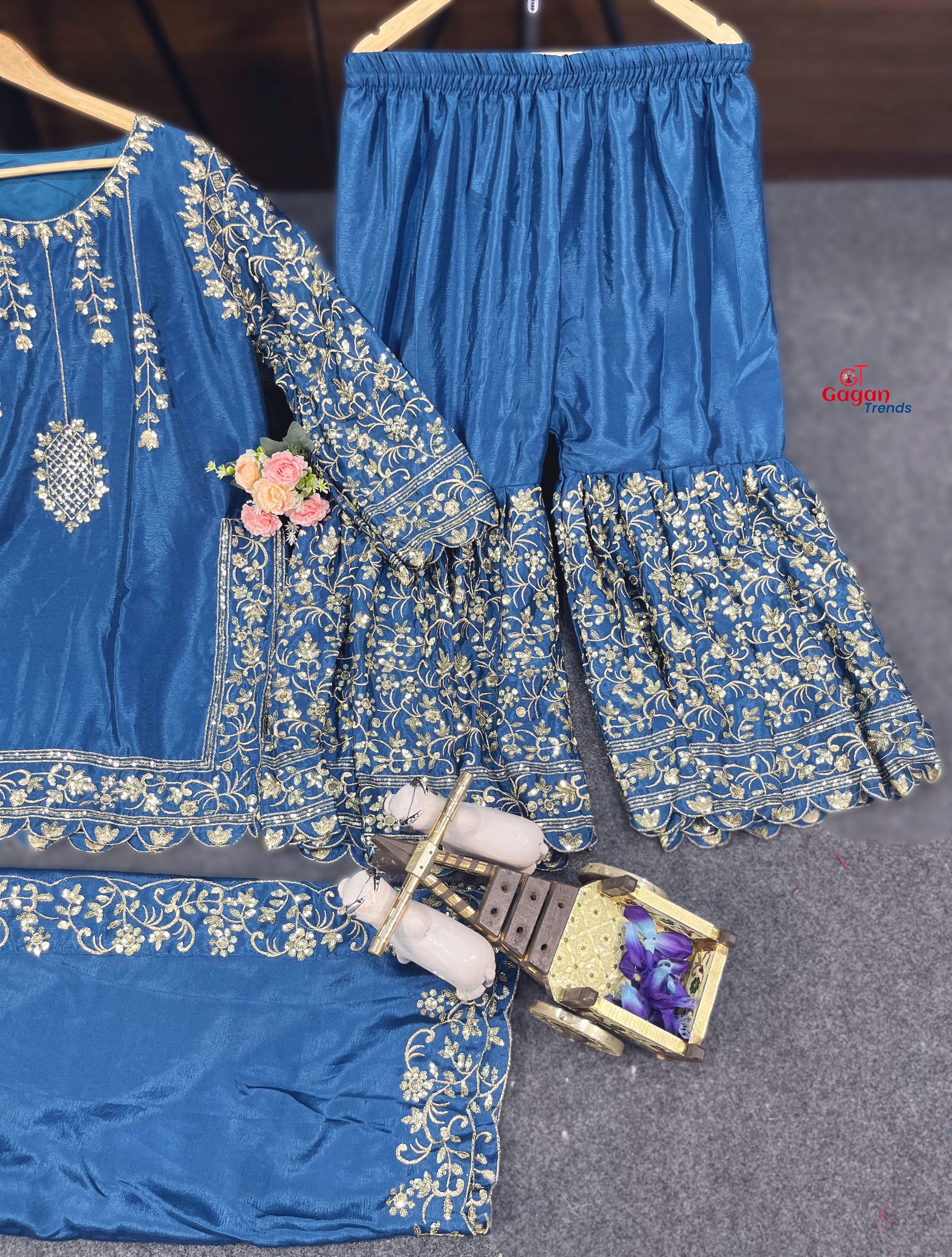 Elegant Chinon Silk Plazo Set with Embroidery Sequins Work