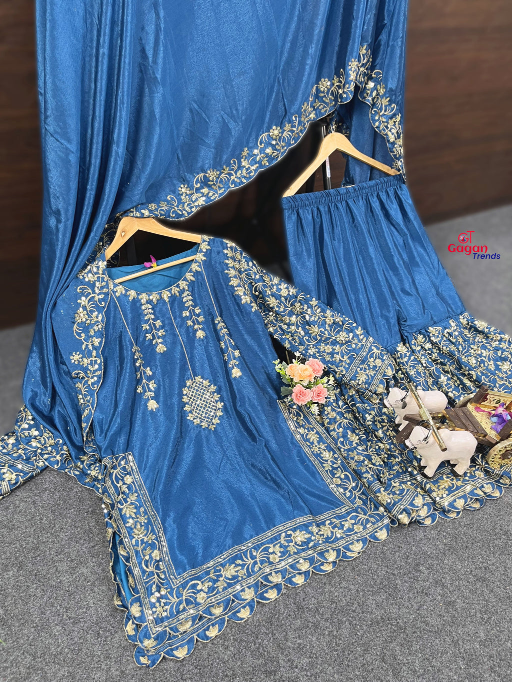 Elegant Chinon Silk Plazo Set with Embroidery Sequins Work