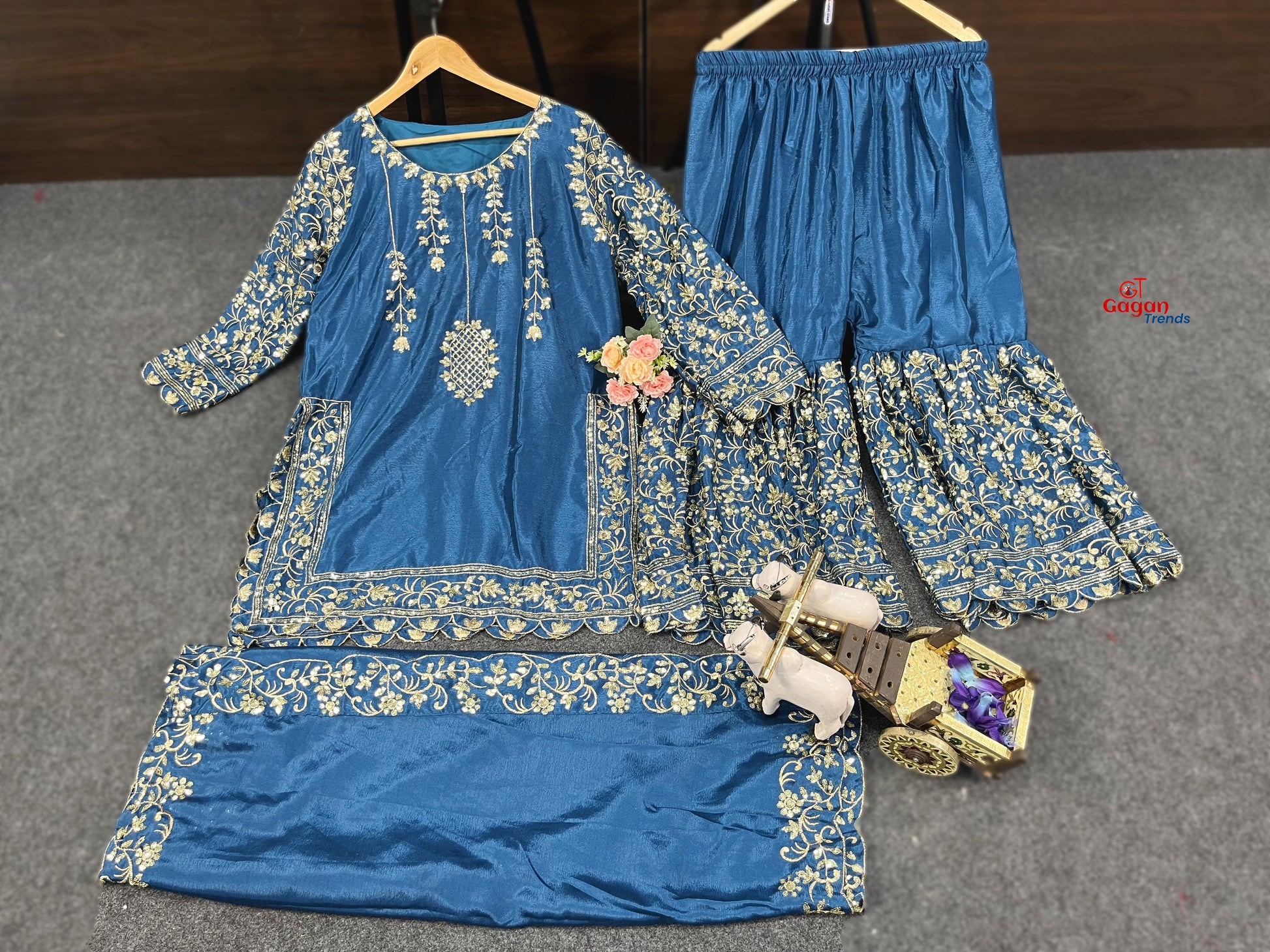 Elegant Chinon Silk Plazo Set with Embroidery Sequins Work
