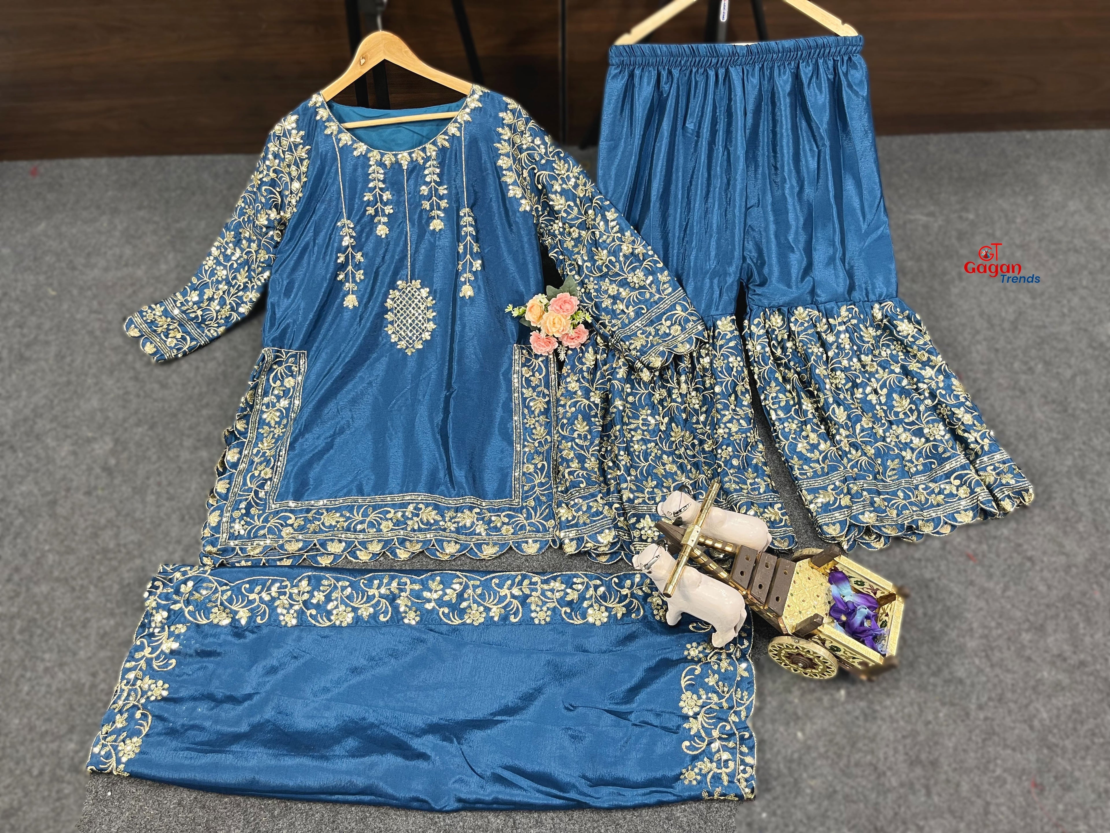 Embroidered Silk Suit Set with Dupatta and Mirror Work