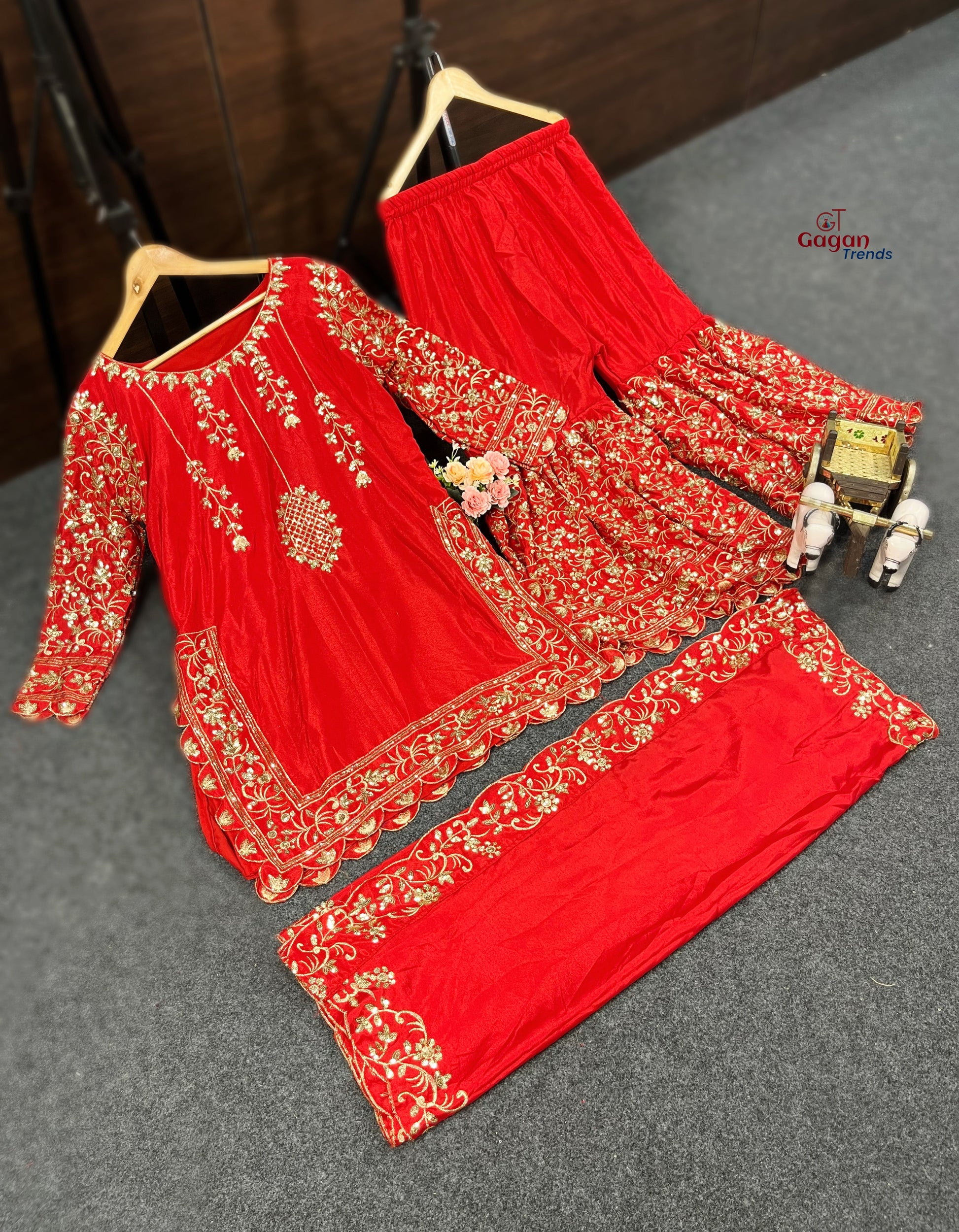 Elegant Chinon Silk Plazo Set with Embroidery Sequins Work