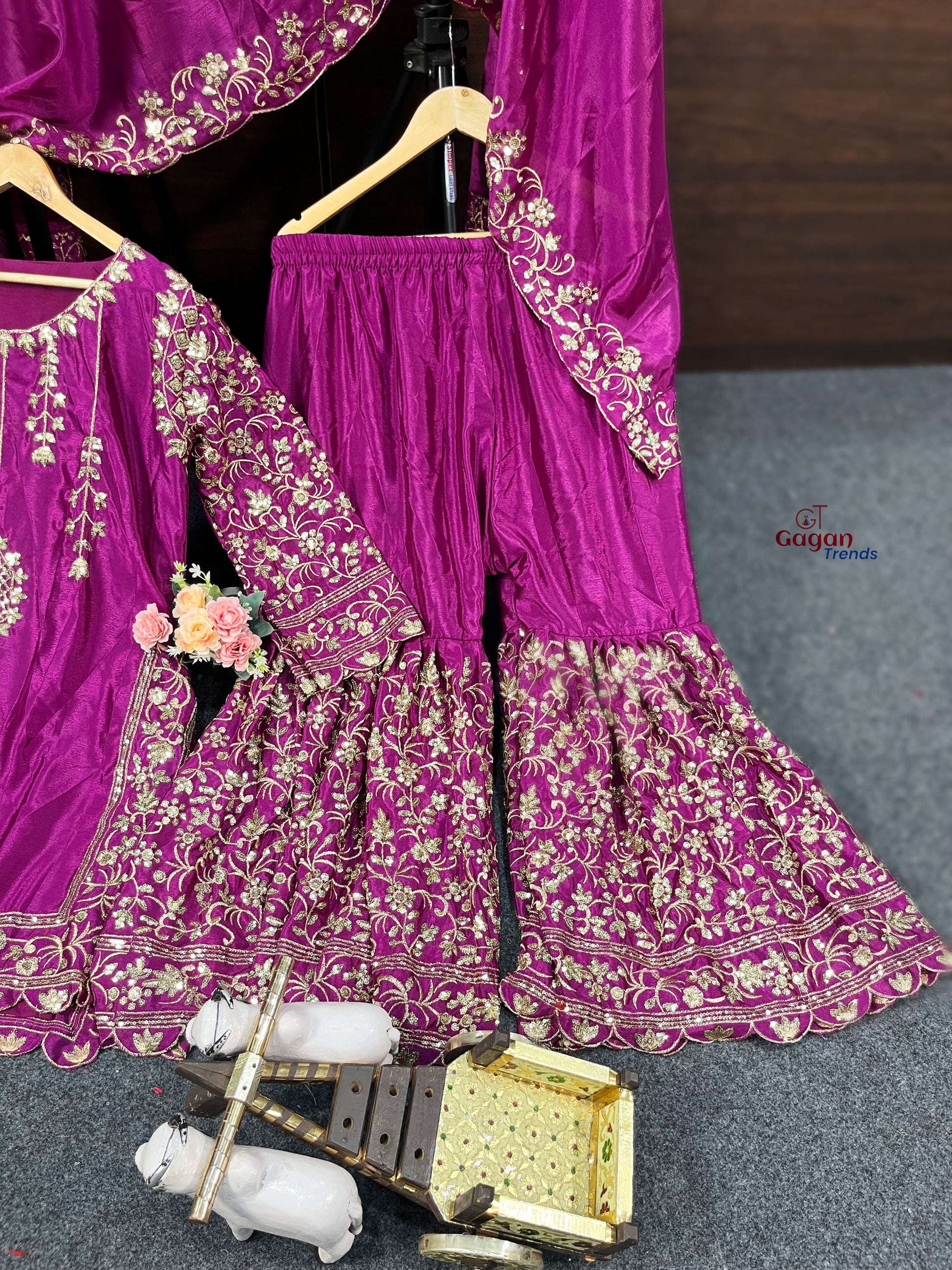 Elegant Chinon Silk Plazo Set with Embroidery Sequins Work