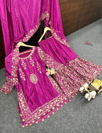 Embroidered Silk Suit Set with Dupatta and Mirror Work