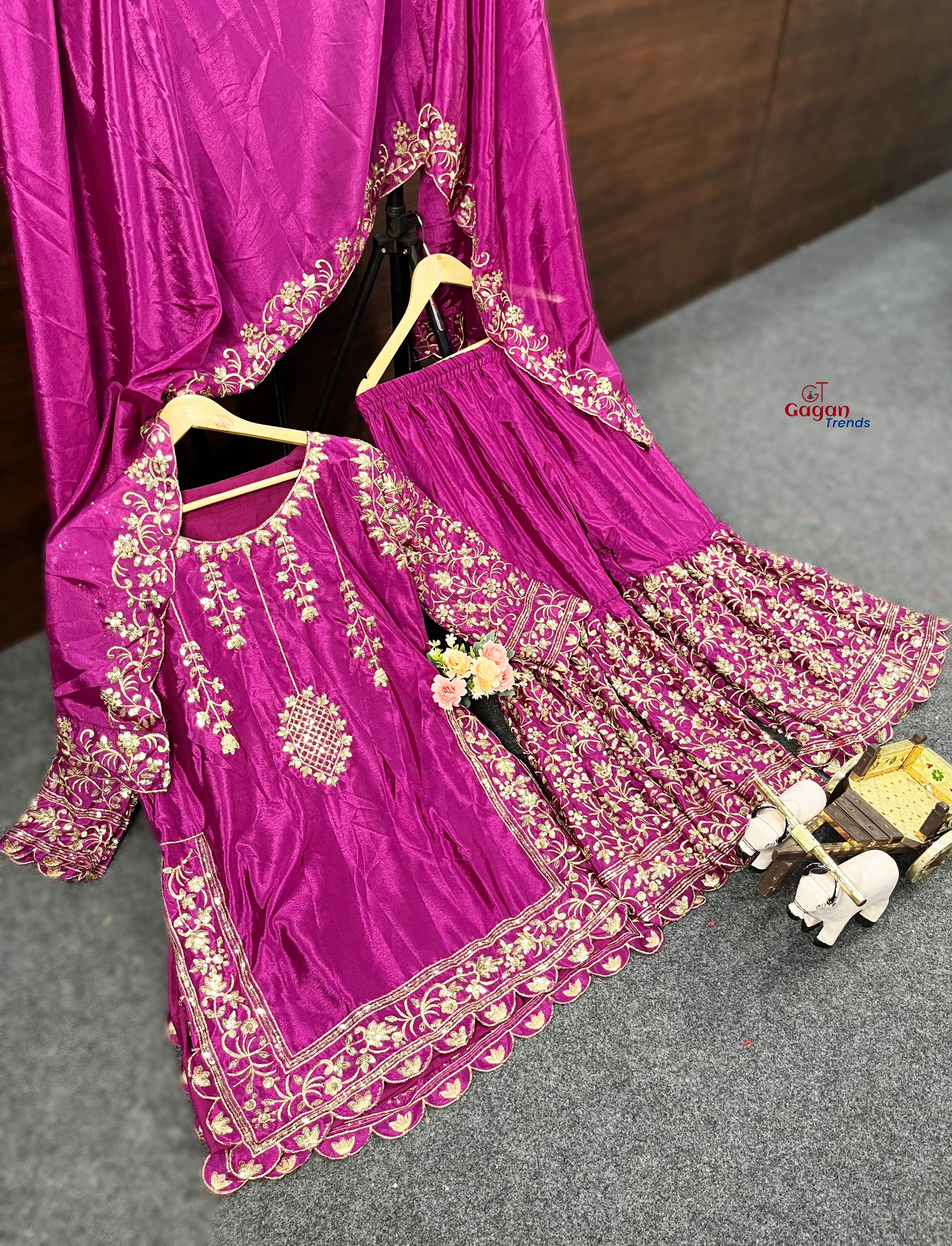 Elegant Chinon Silk Plazo Set with Embroidery Sequins Work