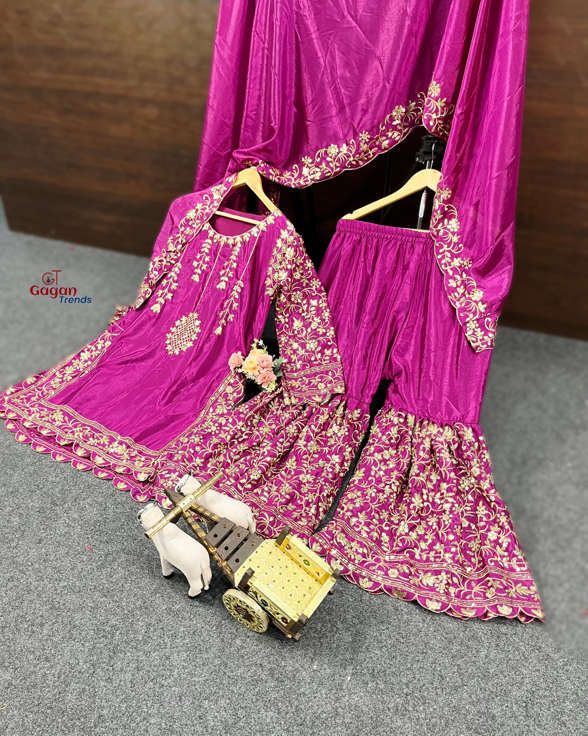 Elegant Chinon Silk Plazo Set with Embroidery Sequins Work