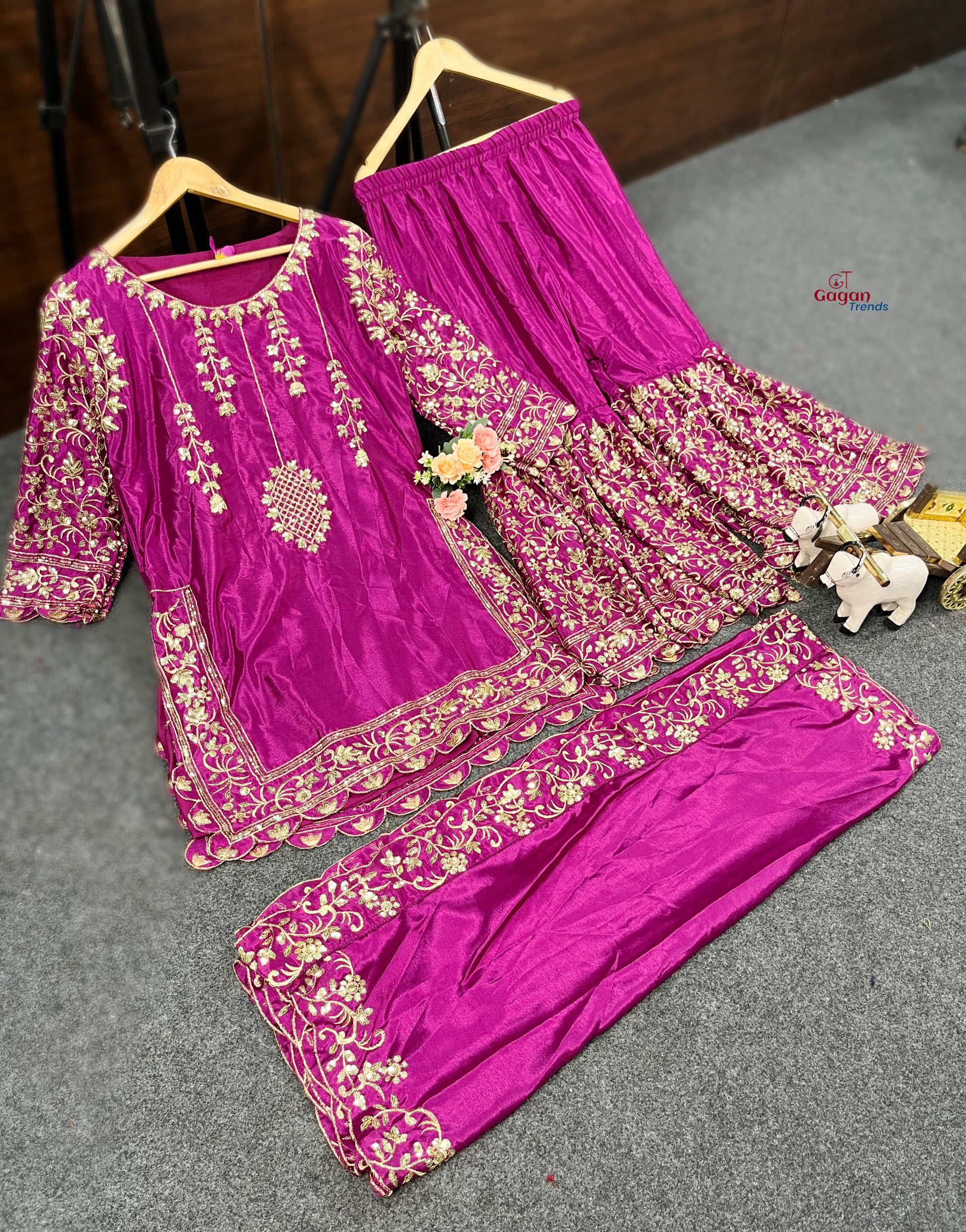 Elegant Chinon Silk Plazo Set with Embroidery Sequins Work