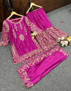 Embroidered Silk Suit Set with Dupatta and Mirror Work