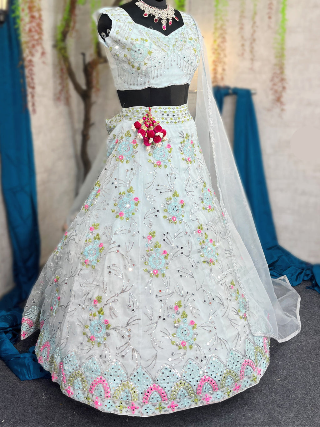 Stunning Heavy Organza Silk Lehenga with Real Mirror & Sequins Embroidery – A Festive Must-Have!