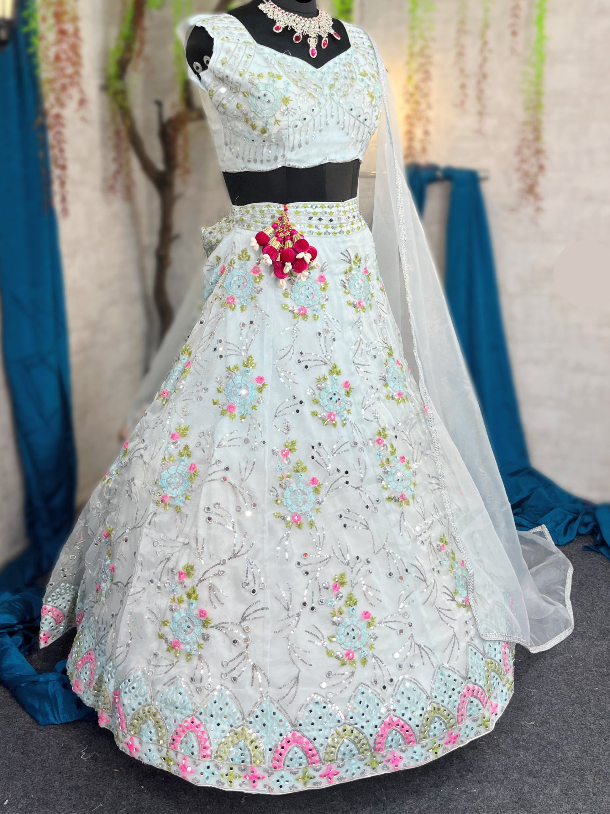 Stunning Heavy Organza Silk Lehenga with Real Mirror & Sequins Embroidery – A Festive Must-Have!