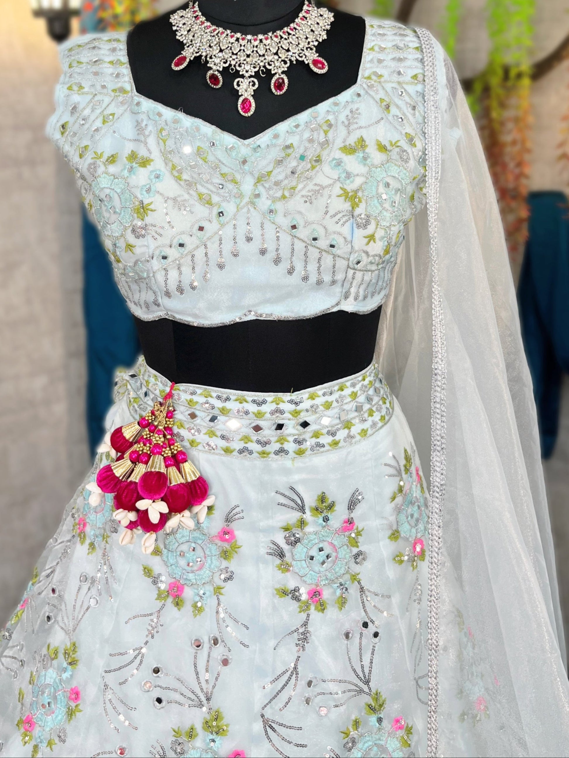 Stunning Heavy Organza Silk Lehenga with Real Mirror & Sequins Embroidery – A Festive Must-Have!