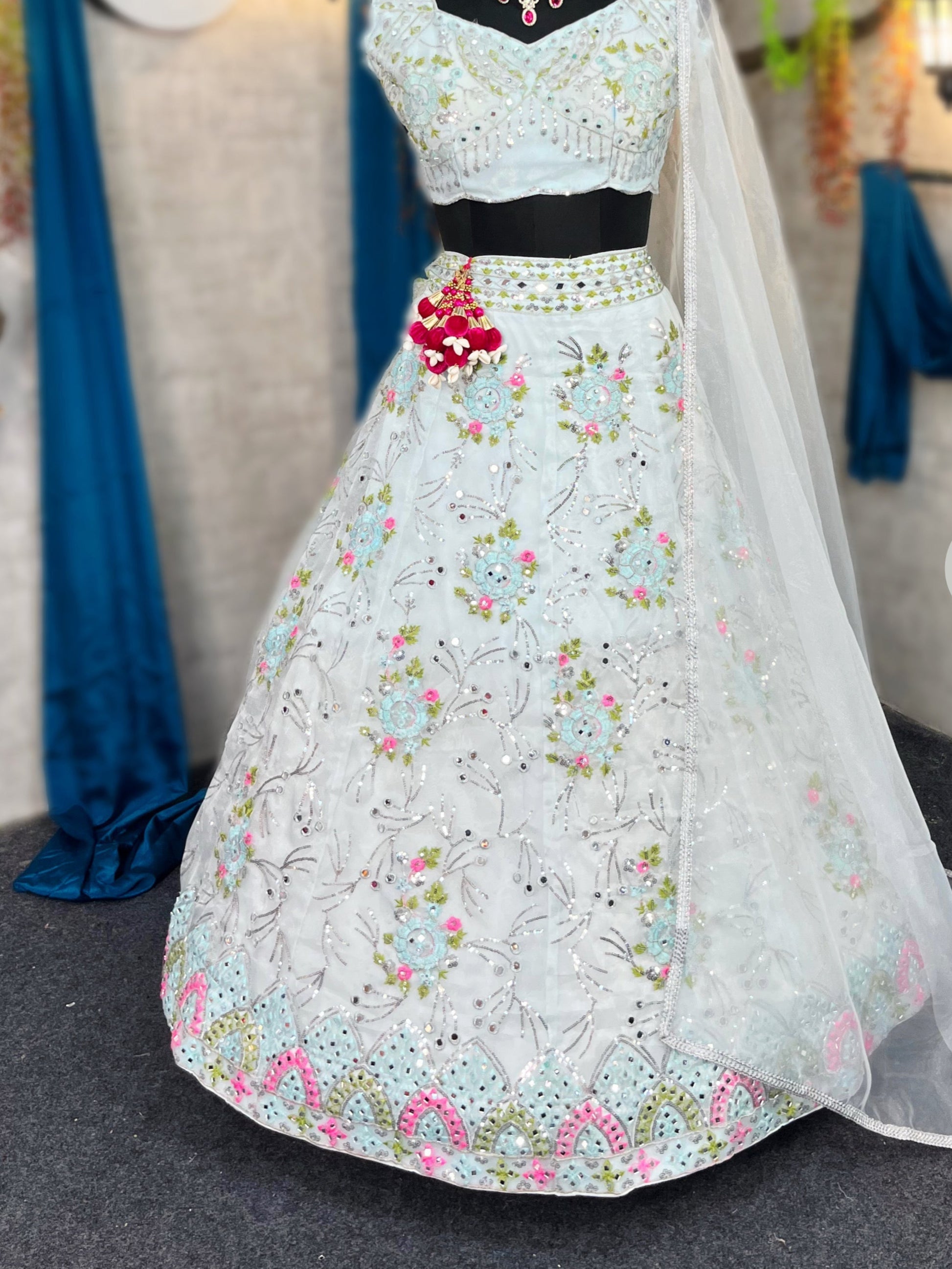 Stunning Heavy Organza Silk Lehenga with Real Mirror & Sequins Embroidery – A Festive Must-Have!