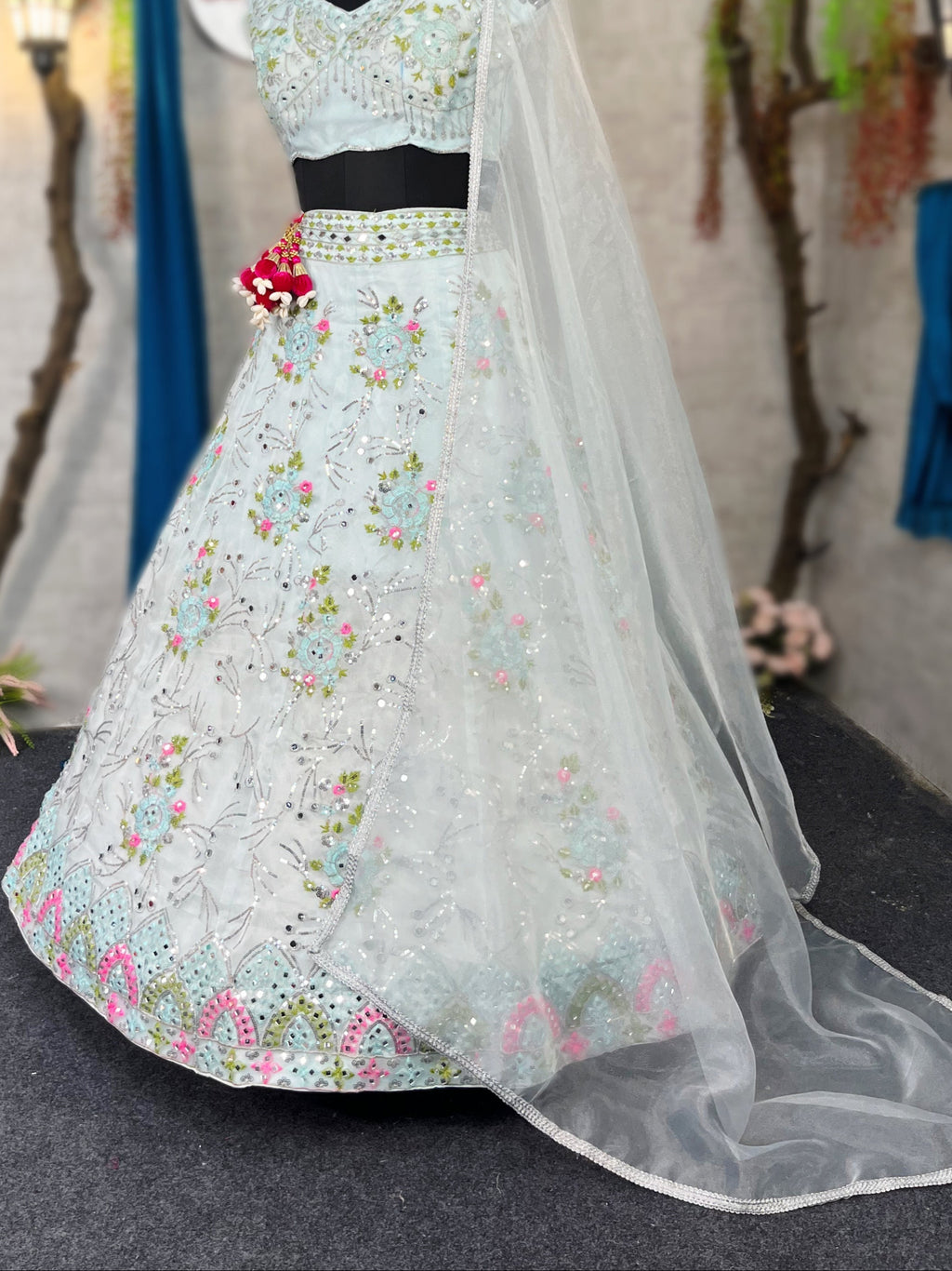 Stunning Heavy Organza Silk Lehenga with Real Mirror & Sequins Embroidery – A Festive Must-Have!