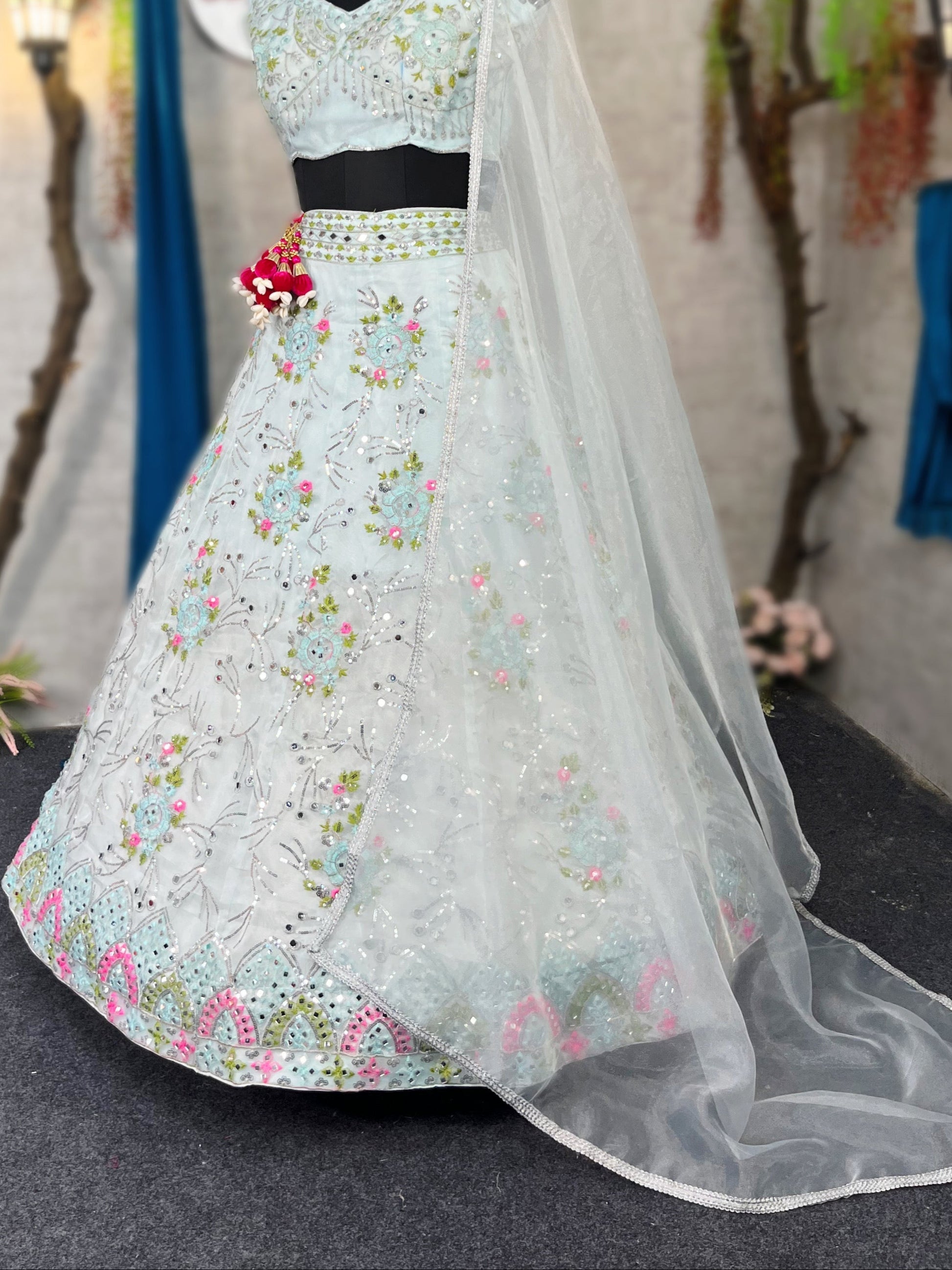 Stunning Heavy Organza Silk Lehenga with Real Mirror & Sequins Embroidery – A Festive Must-Have!