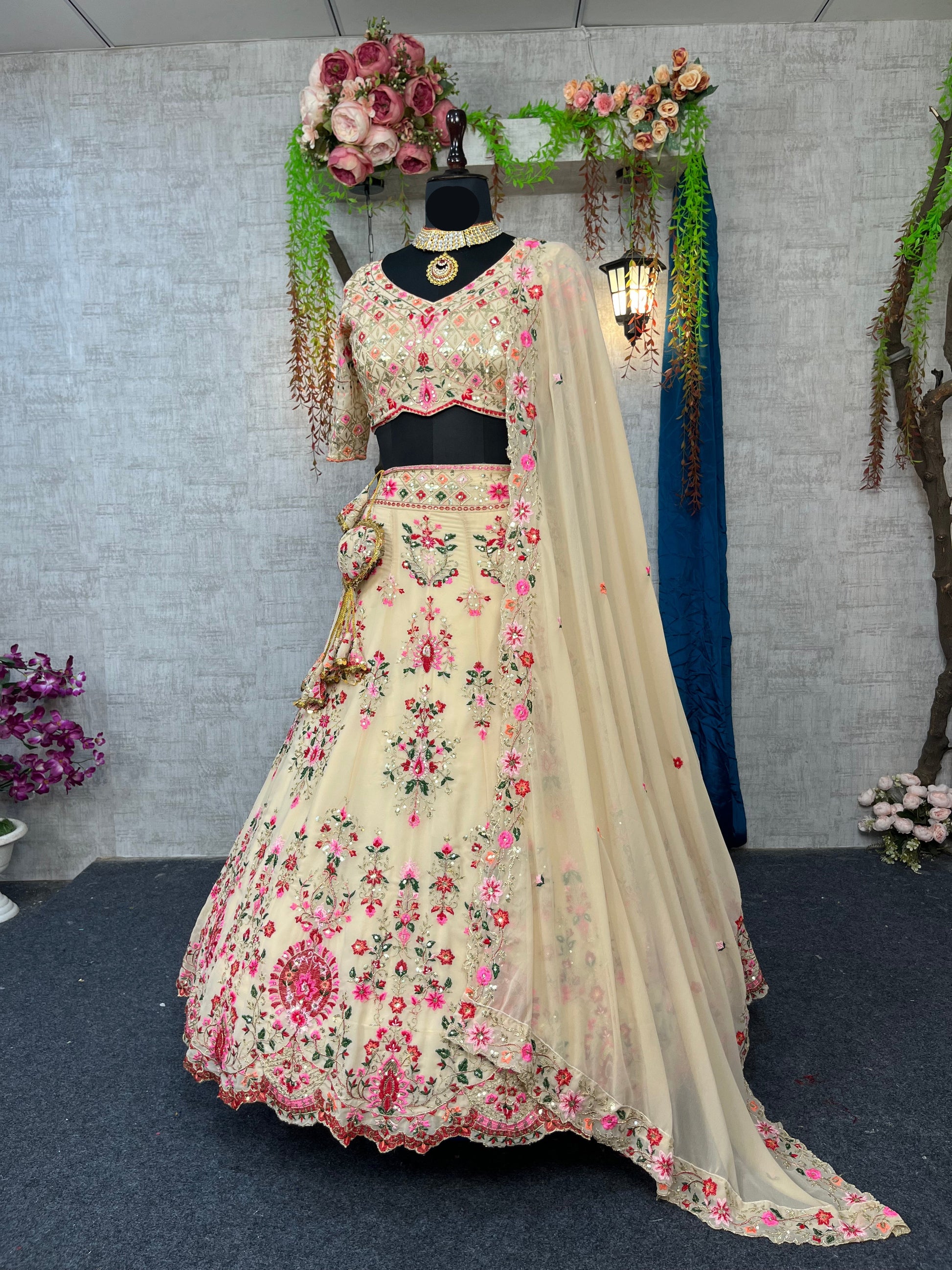 Chic Faux Georgette Lehenga with Embroidery, Sequins & Cut Work