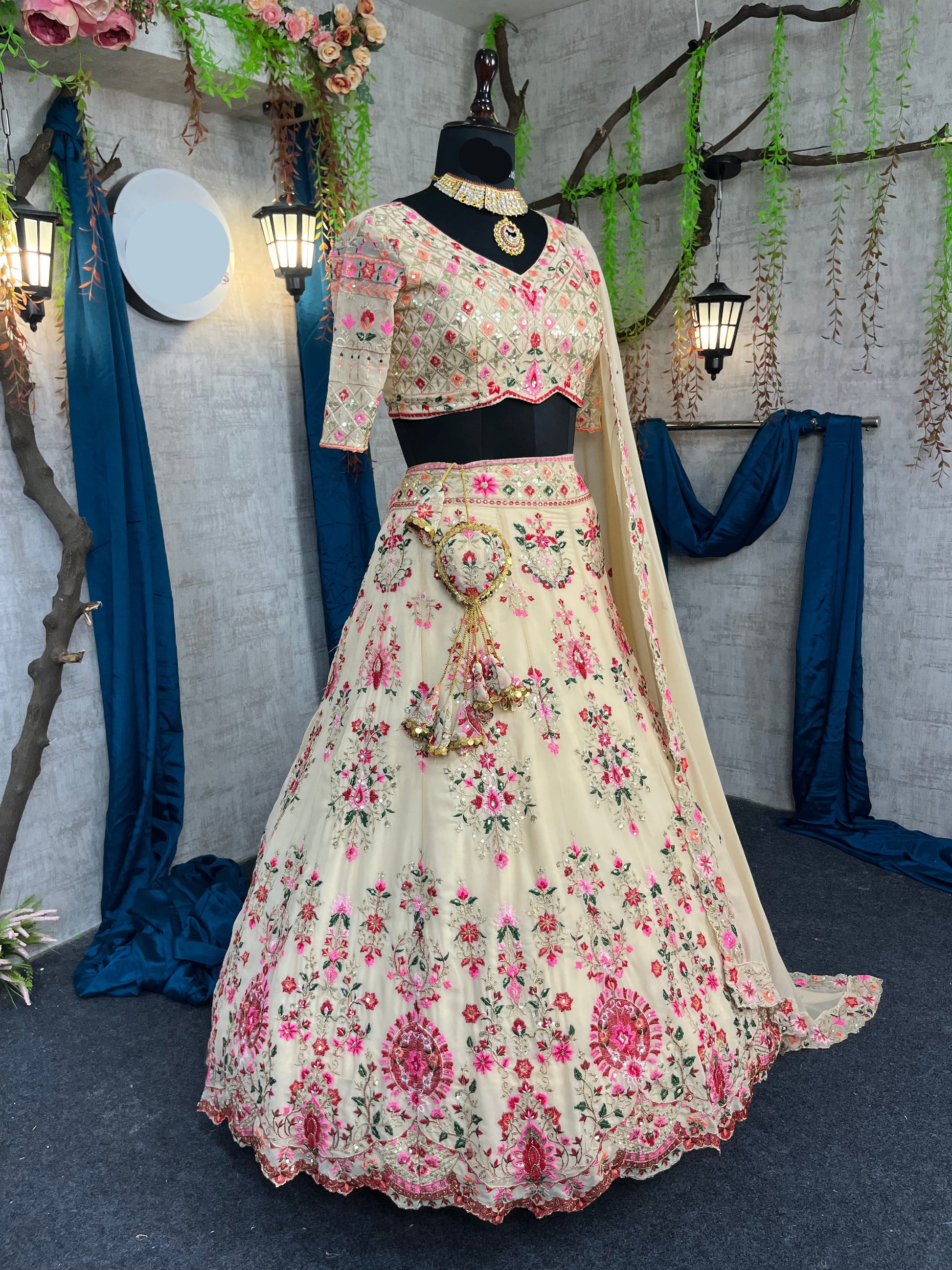 Chic Faux Georgette Lehenga with Embroidery, Sequins & Cut Work
