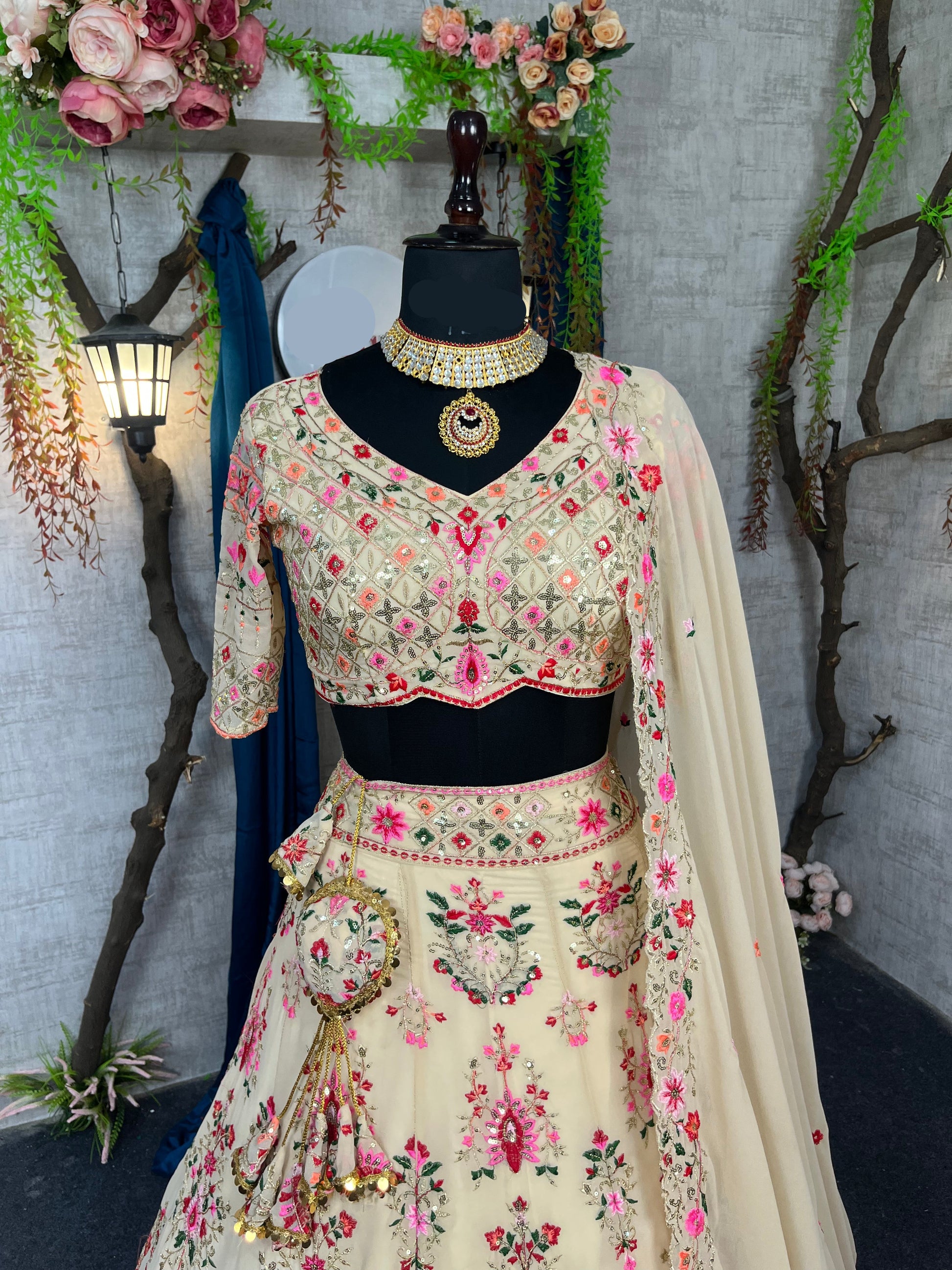 Chic Faux Georgette Lehenga with Embroidery, Sequins & Cut Work