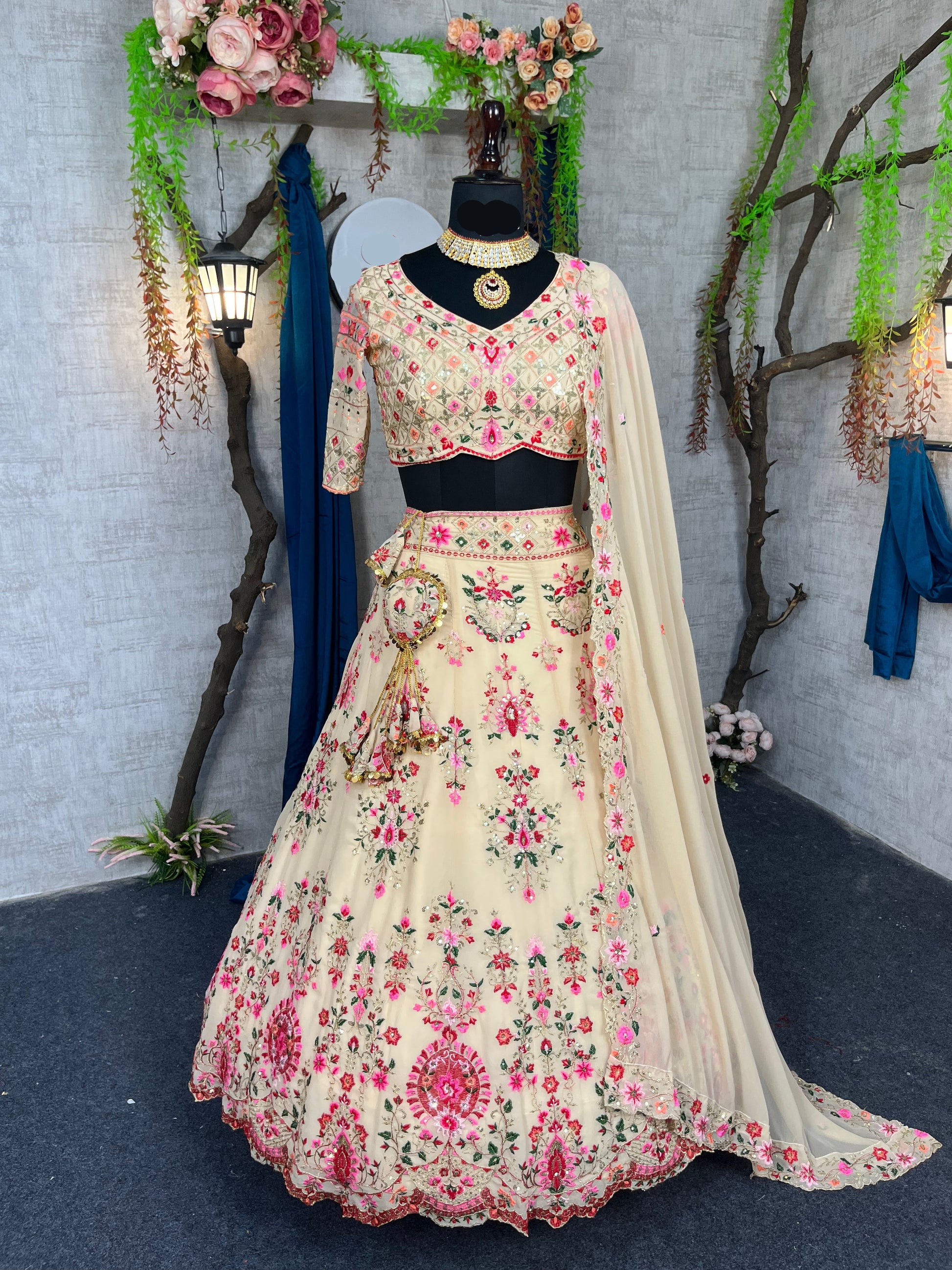 Chic Faux Georgette Lehenga with Embroidery, Sequins & Cut Work