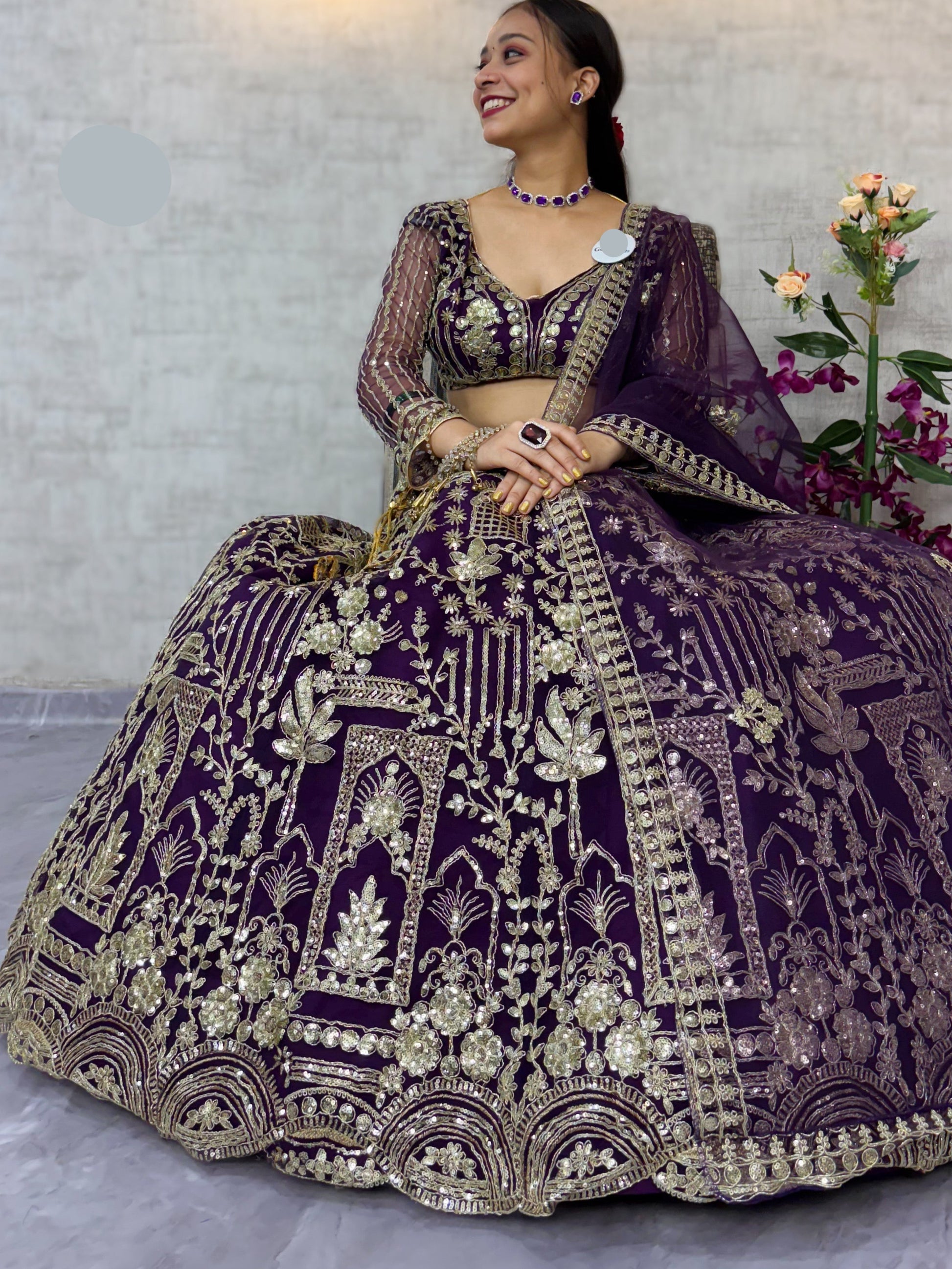 Designer Wine Color Net Lehenga Choli with Sequins Embroidery