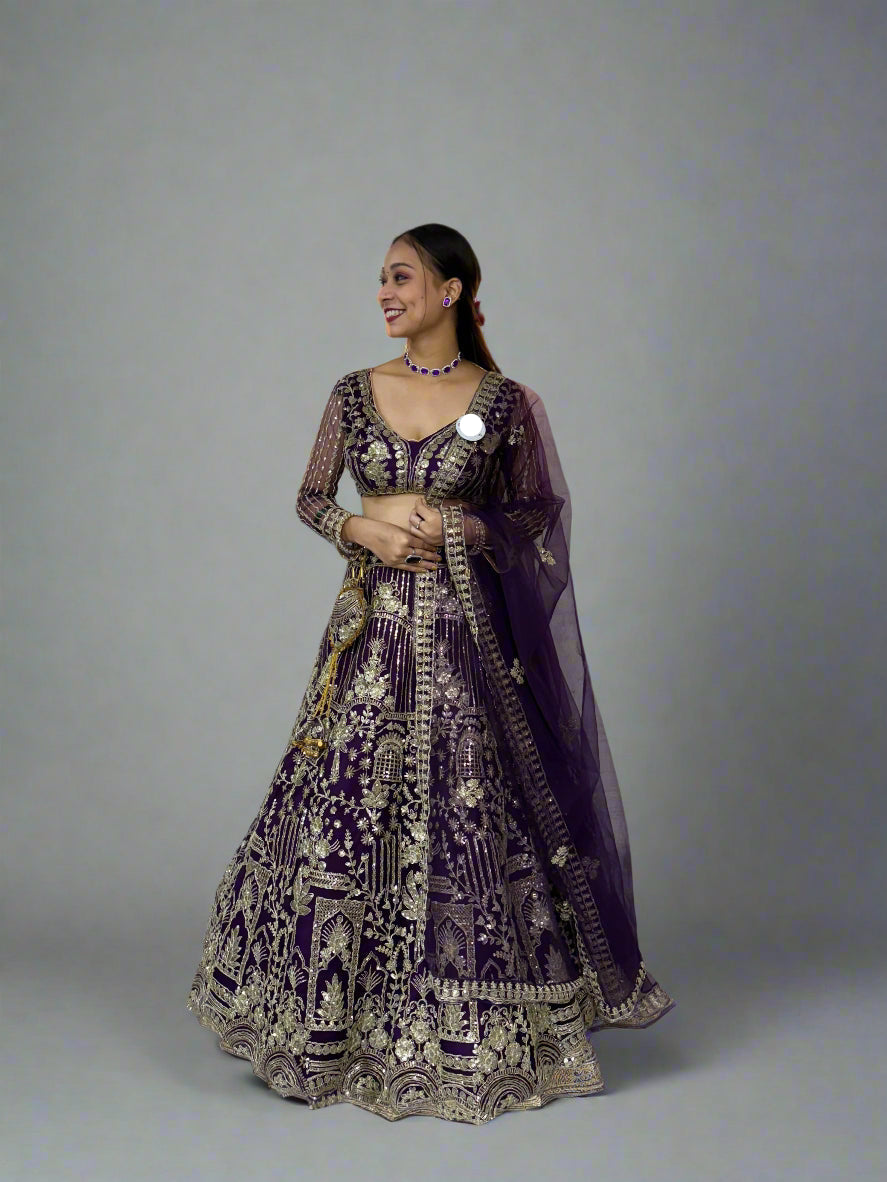 Designer Wine Color Net Lehenga Choli with Sequins Embroidery