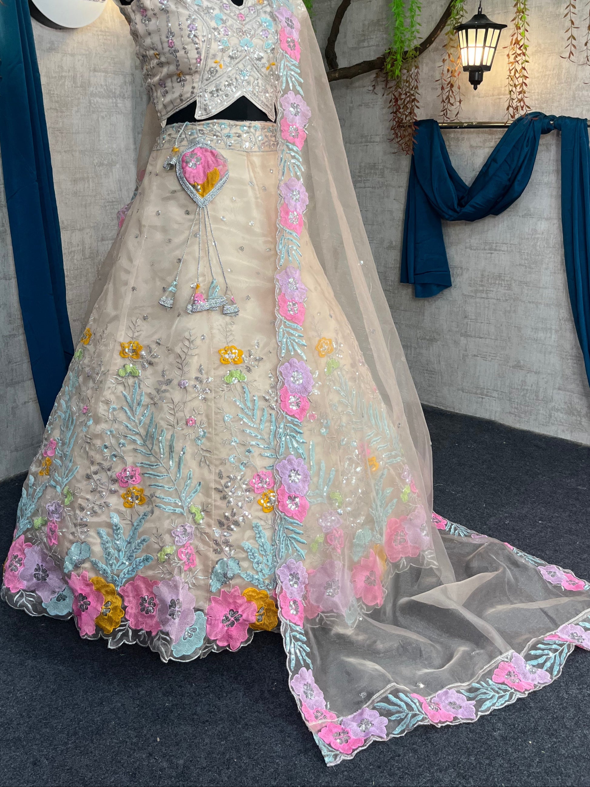Elegant Heavy Organza Silk Lehenga with Embroidery Sequins Cut Work With Cancan & Canvas Patta