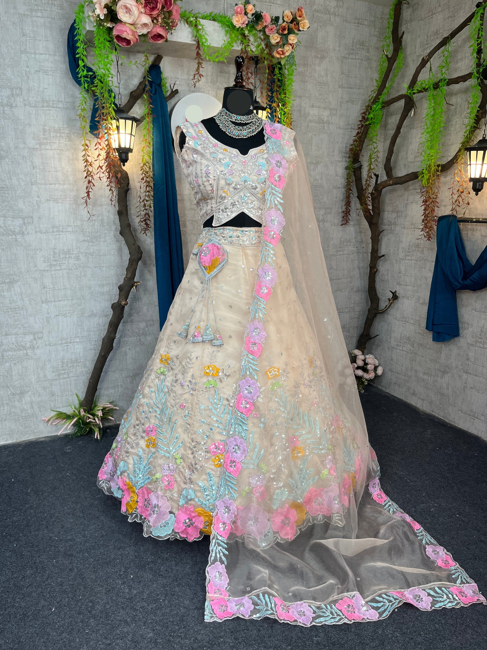 Elegant Heavy Organza Silk Lehenga with Embroidery Sequins Cut Work With Cancan & Canvas Patta