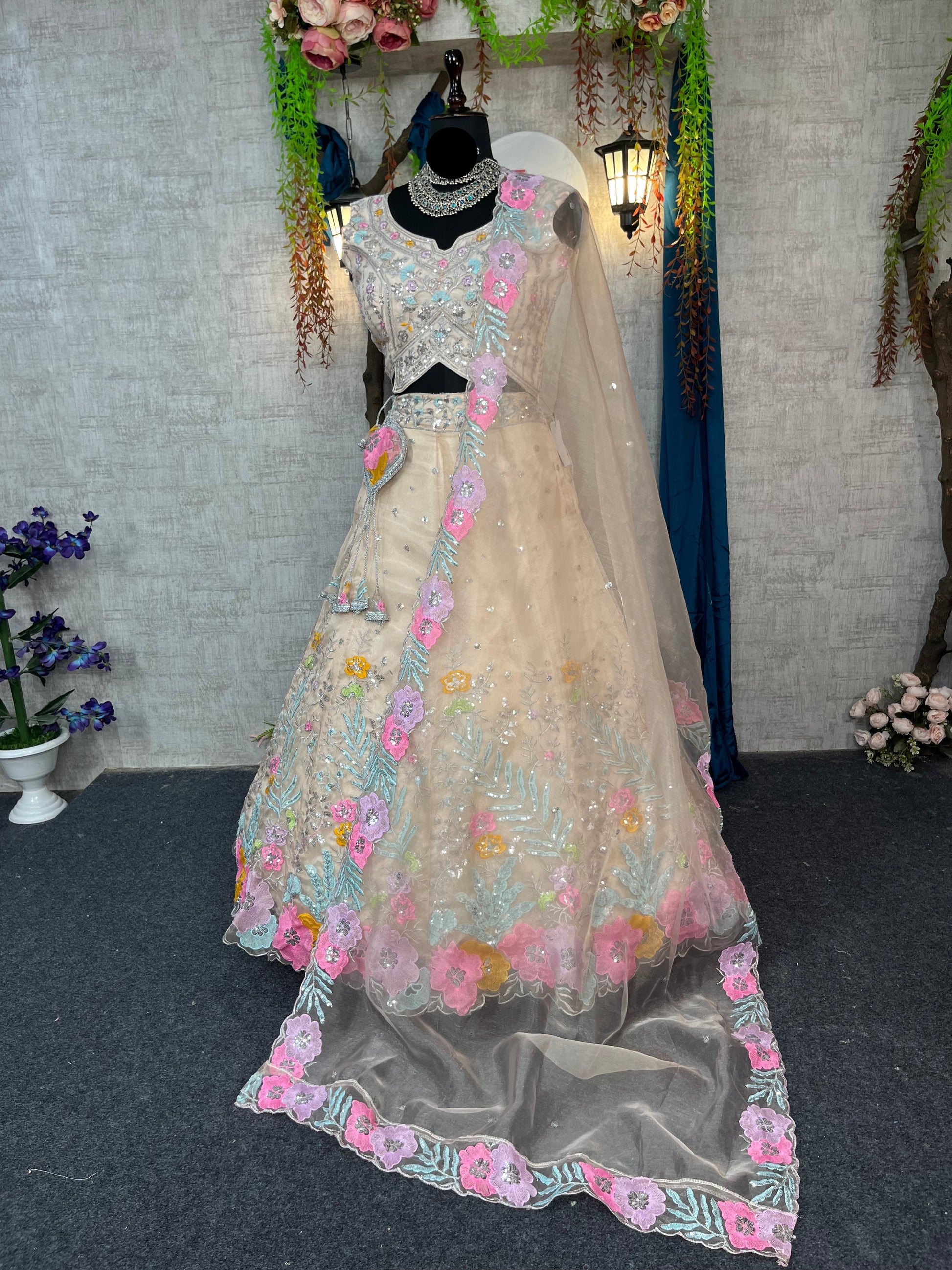 Elegant Heavy Organza Silk Lehenga with Embroidery Sequins Cut Work With Cancan & Canvas Patta
