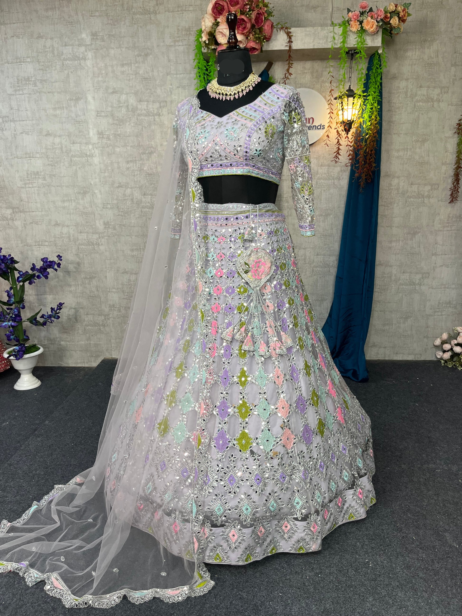 Butterfly Net Mirror Work Lehenga with Sequins Embroidery for Wedding & Festive Looks
