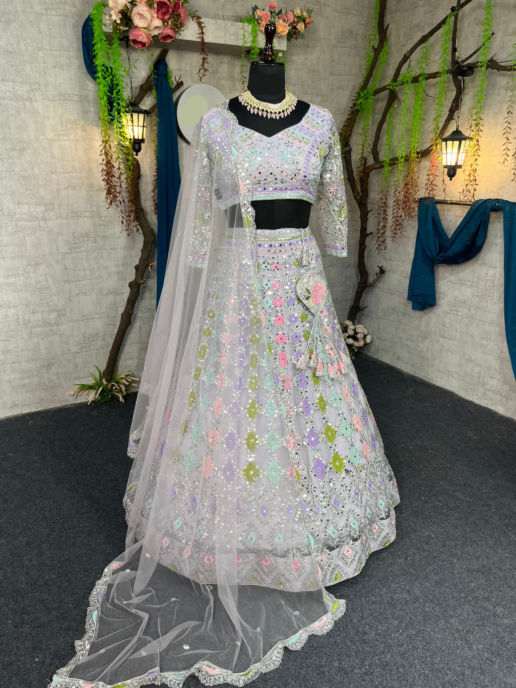 Butterfly Net Mirror Work Lehenga with Sequins Embroidery for Wedding & Festive Looks