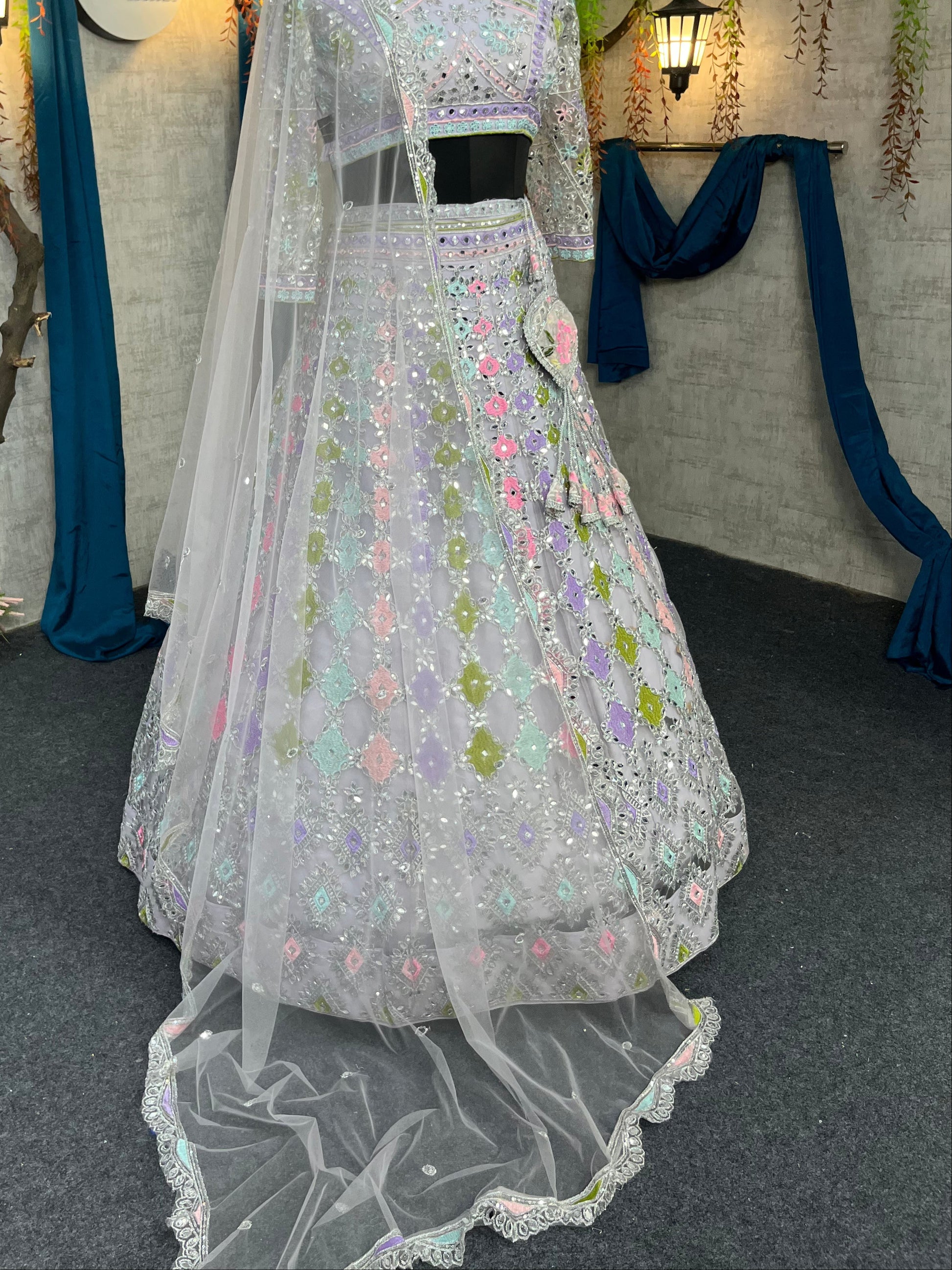 Butterfly Net Mirror Work Lehenga with Sequins Embroidery for Wedding & Festive Looks