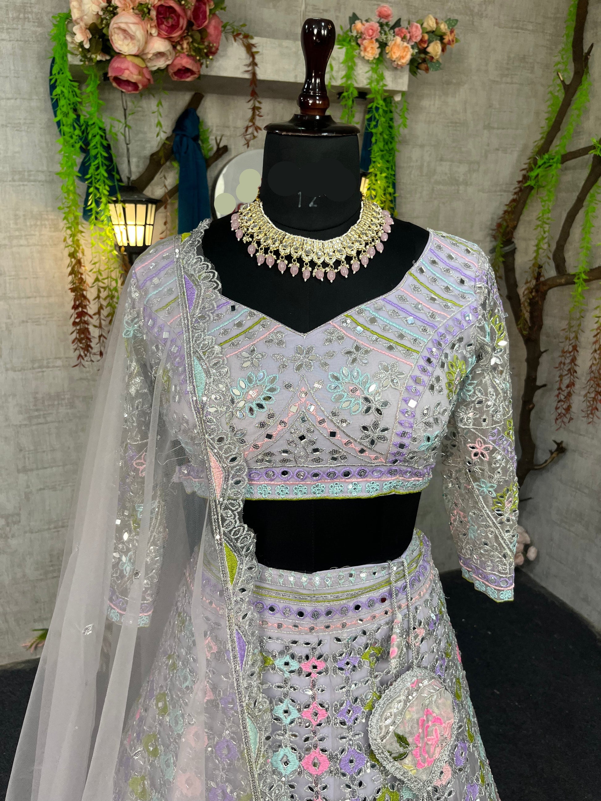 Butterfly Net Mirror Work Lehenga with Sequins Embroidery for Wedding & Festive Looks