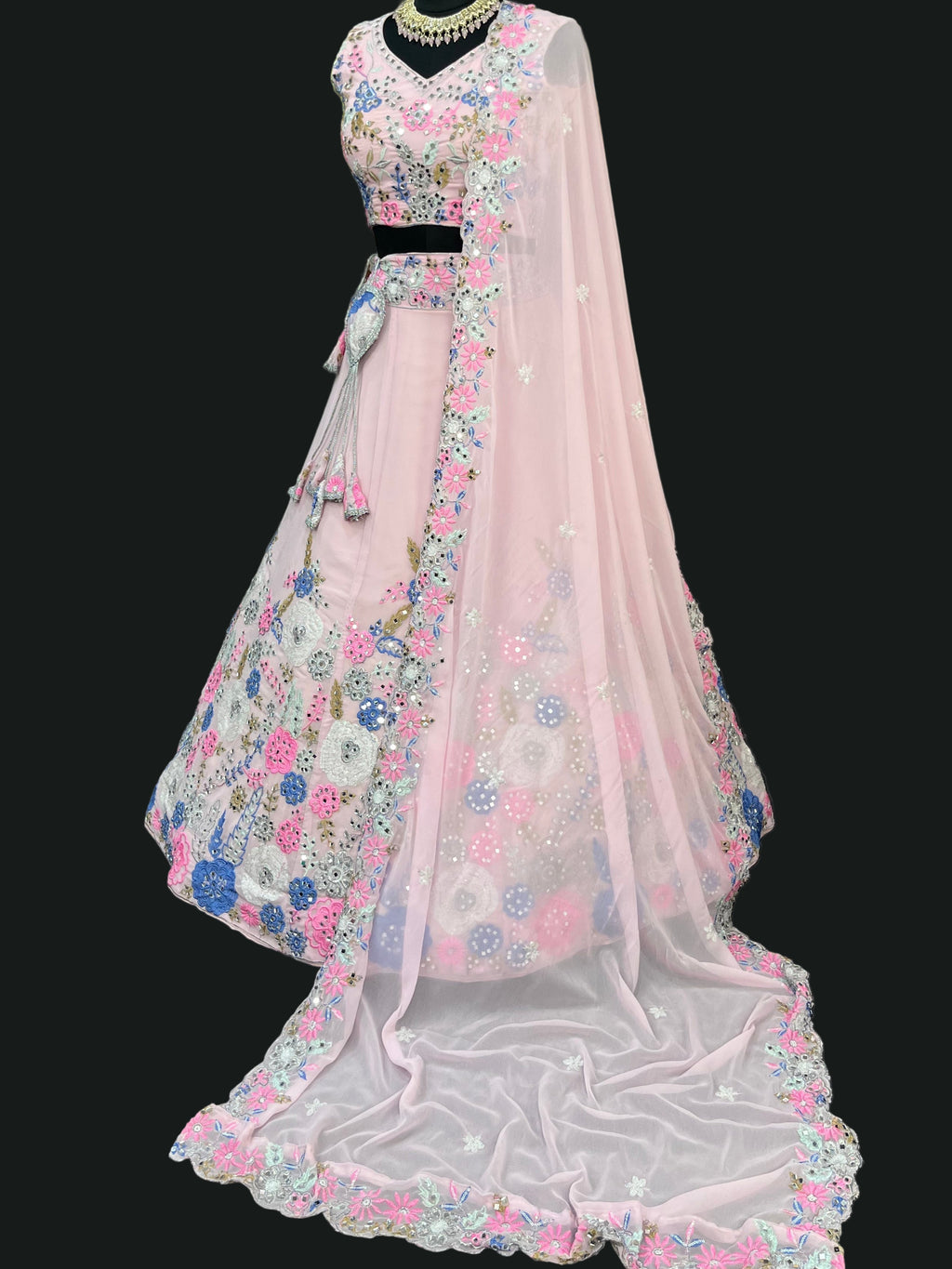 Fox Georgette Mirror Work Lehenga with Sequins Embroidery for Weddings & Parties