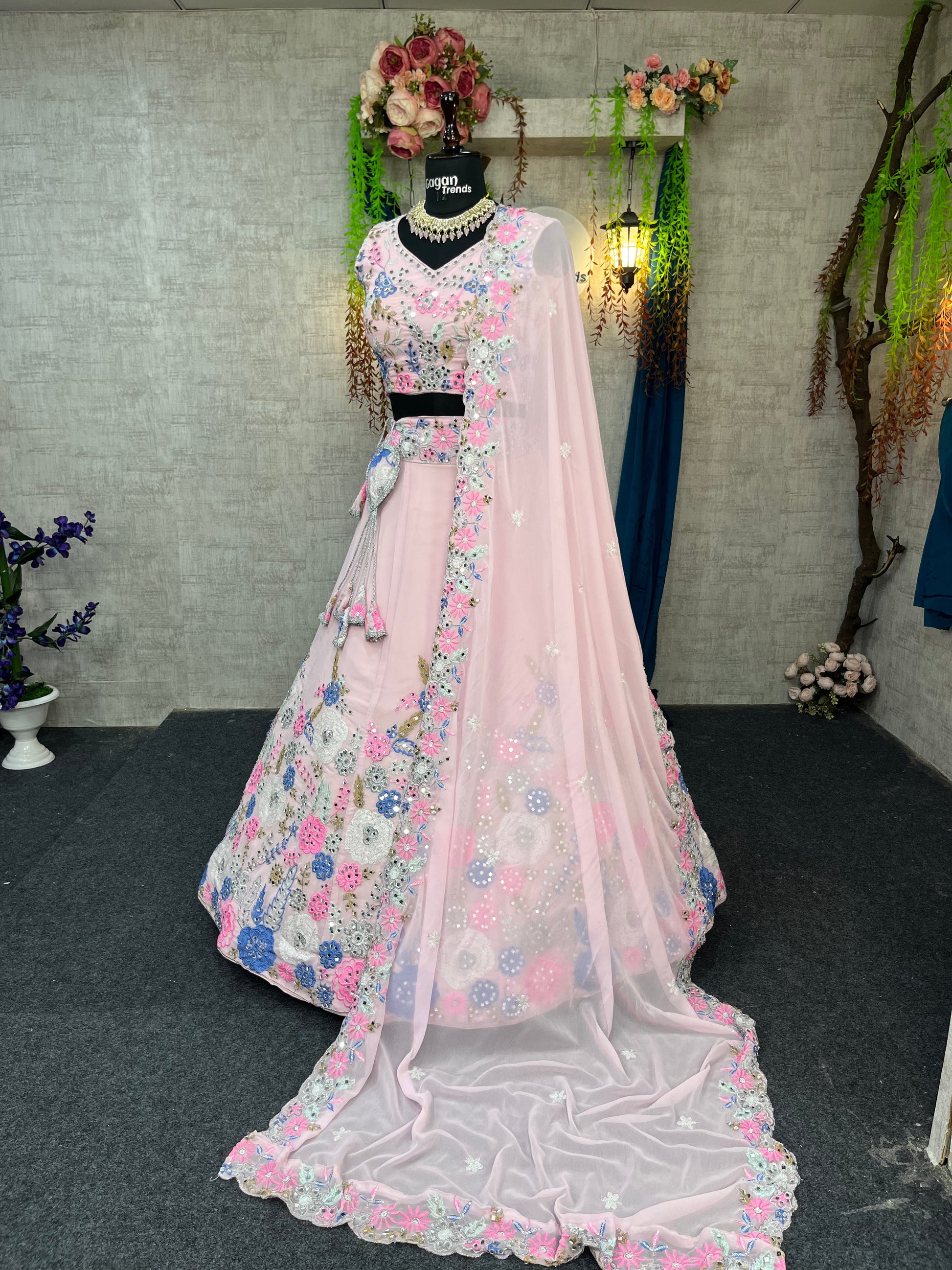 Fox Georgette Mirror Work Lehenga with Sequins Embroidery for Weddings & Parties