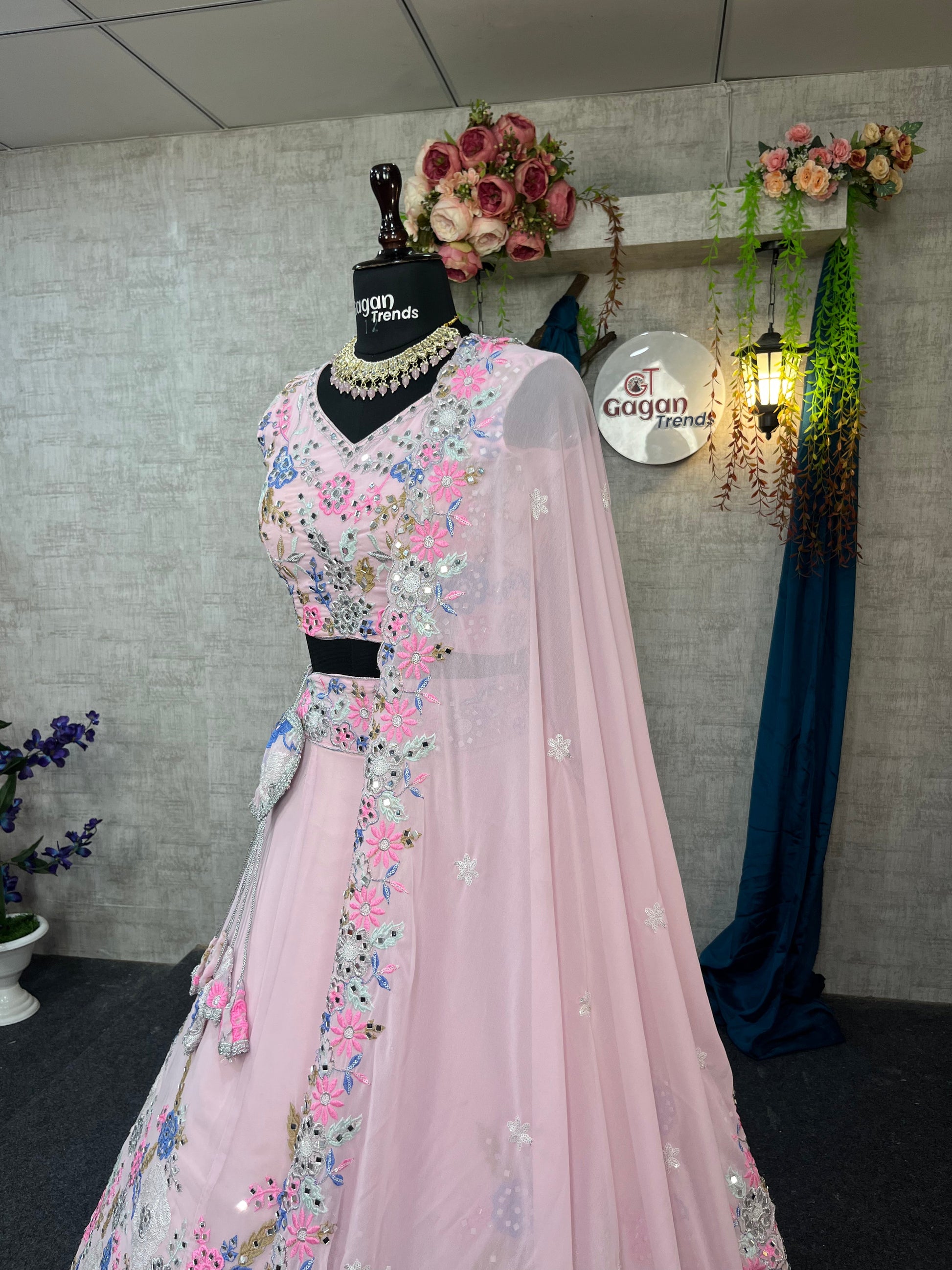 Fox Georgette Mirror Work Lehenga with Sequins Embroidery for Weddings & Parties