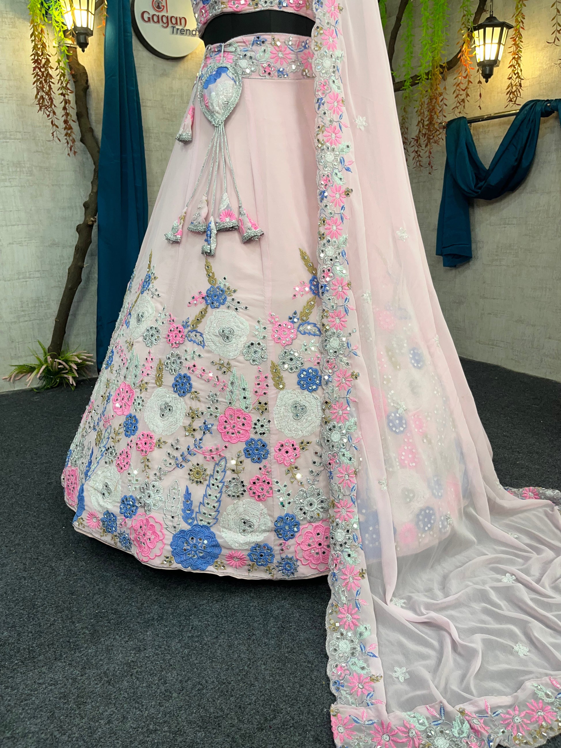 Fox Georgette Mirror Work Lehenga with Sequins Embroidery for Weddings & Parties