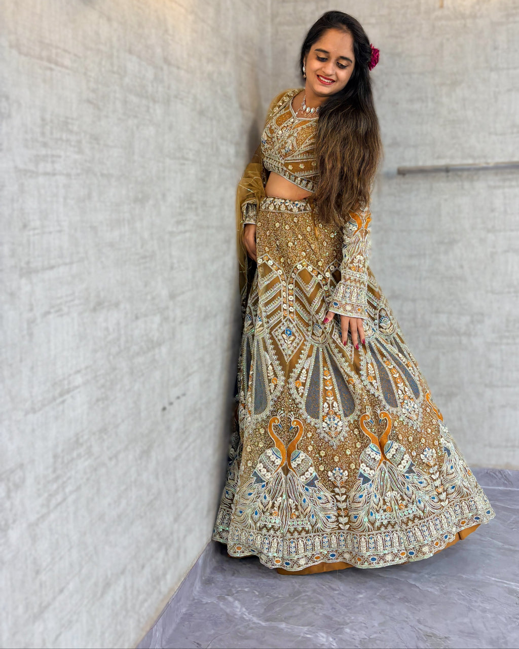 Goldish colour Soft Net Lehenga Choli with Coding Sequins Work